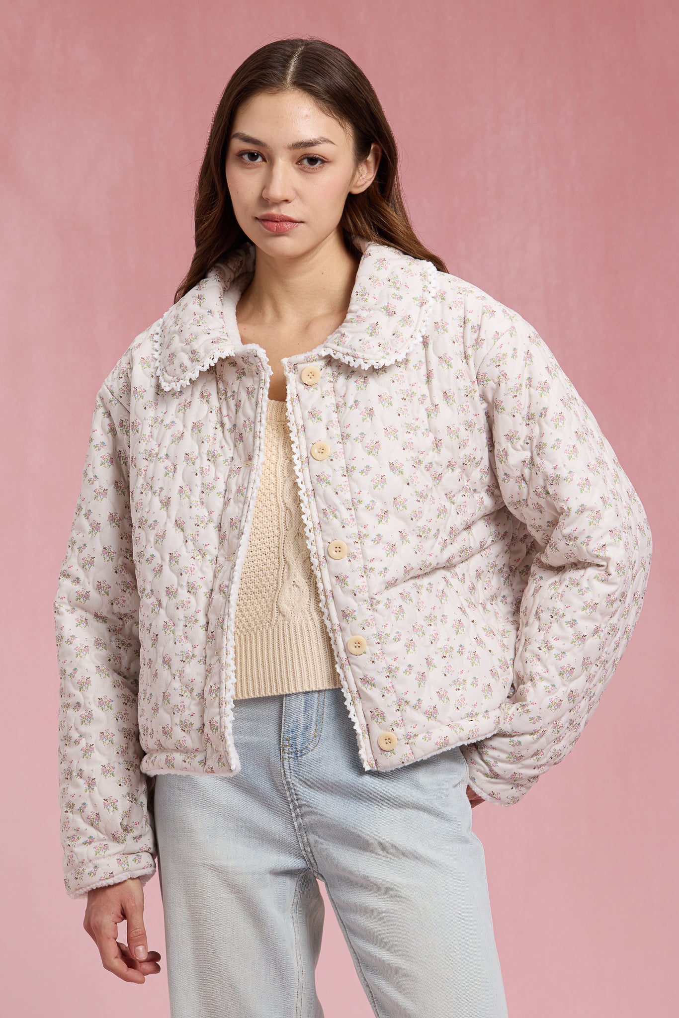 RP2903 - Sherpa-Lined Floral Puffer with Lace Trim (2S-2M-2L)