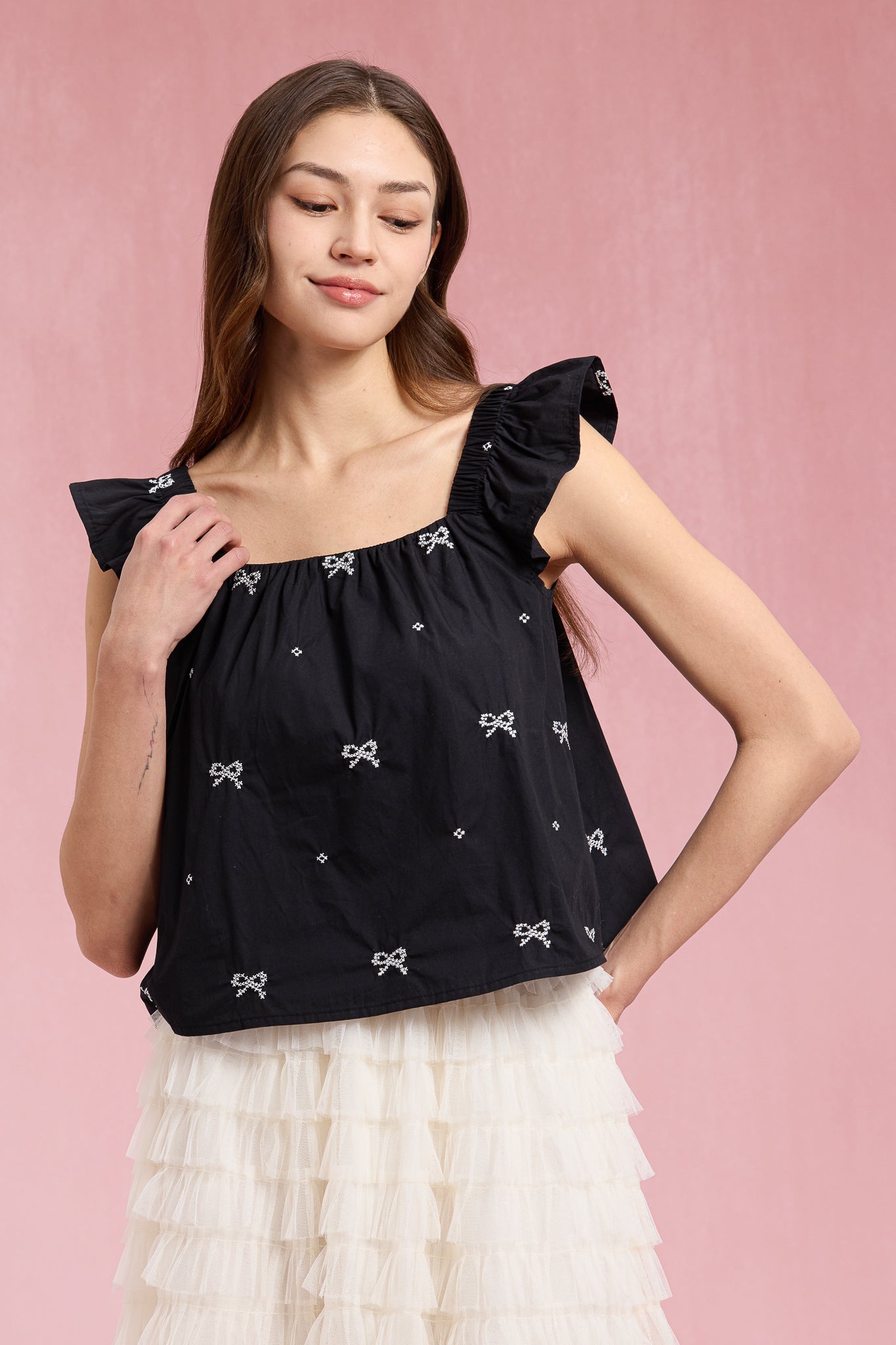 RP2307 - Bow-Embellished Ruffle Sleeve Top (2S-2M-2L)