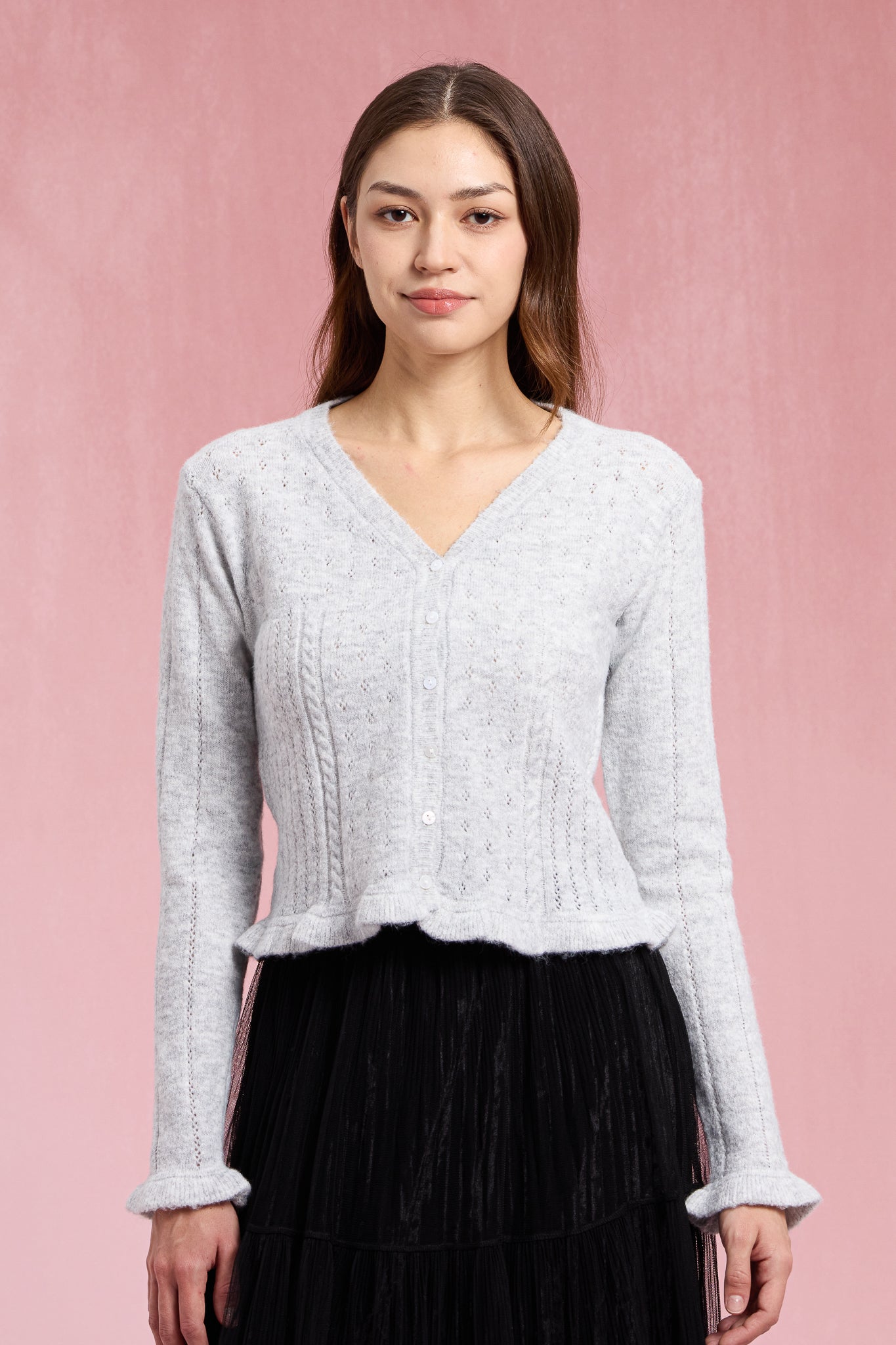 RP2937 - Heather Gray Ruffle Pointelle Knit Top (2S-2M-2L)