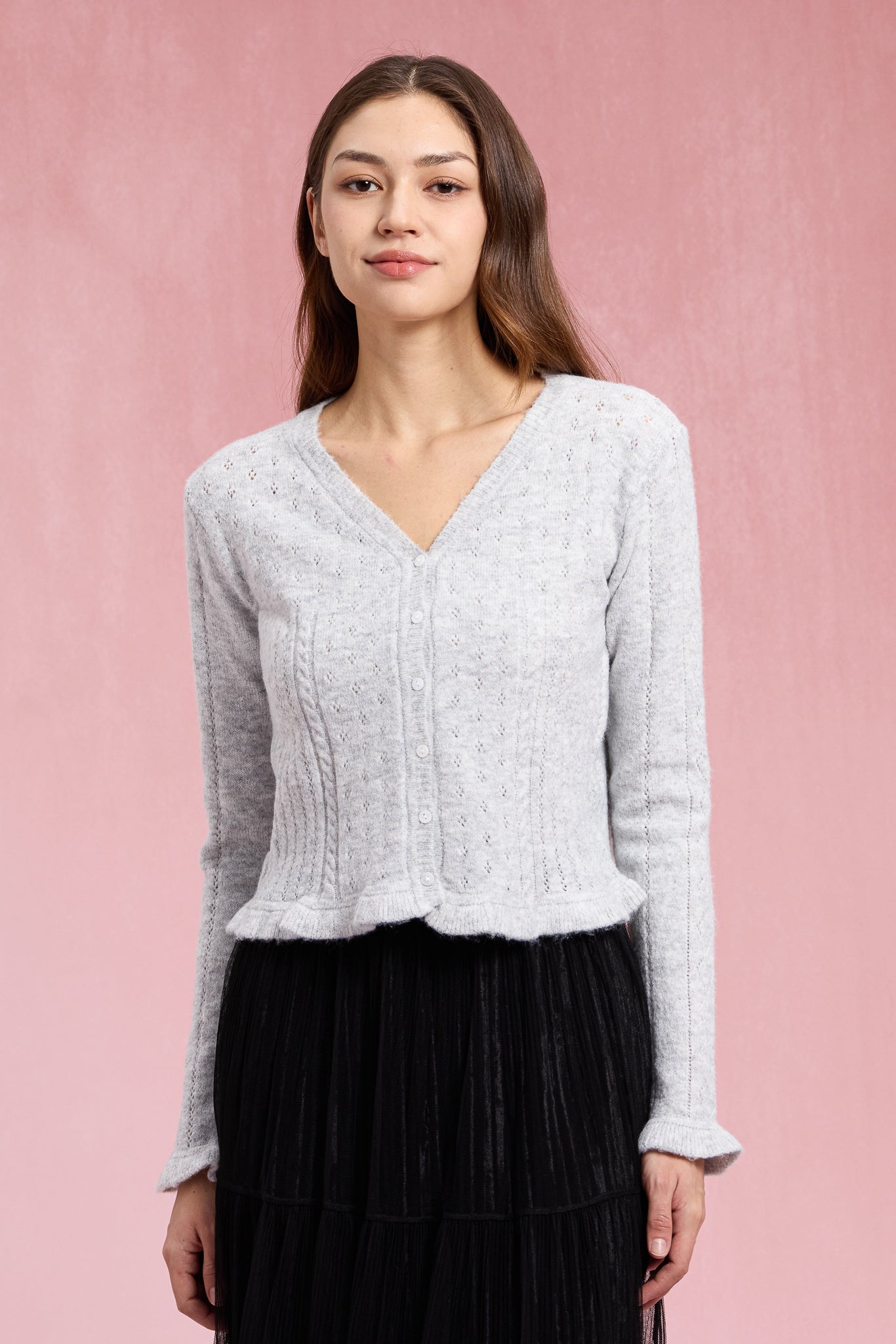 RP2937 - Heather Gray Ruffle Pointelle Knit Top (2S-2M-2L)