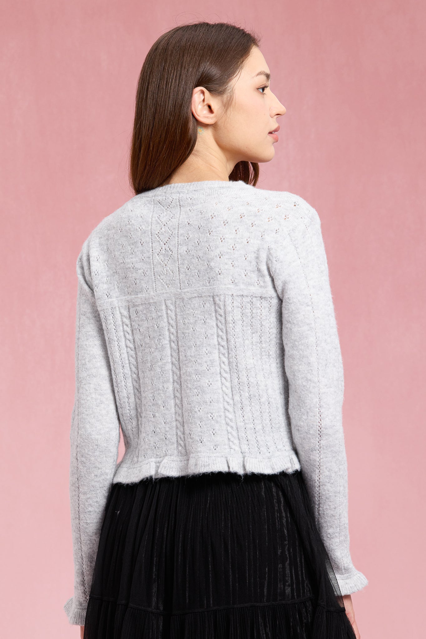 RP2937 - Heather Gray Ruffle Pointelle Knit Top (2S-2M-2L)