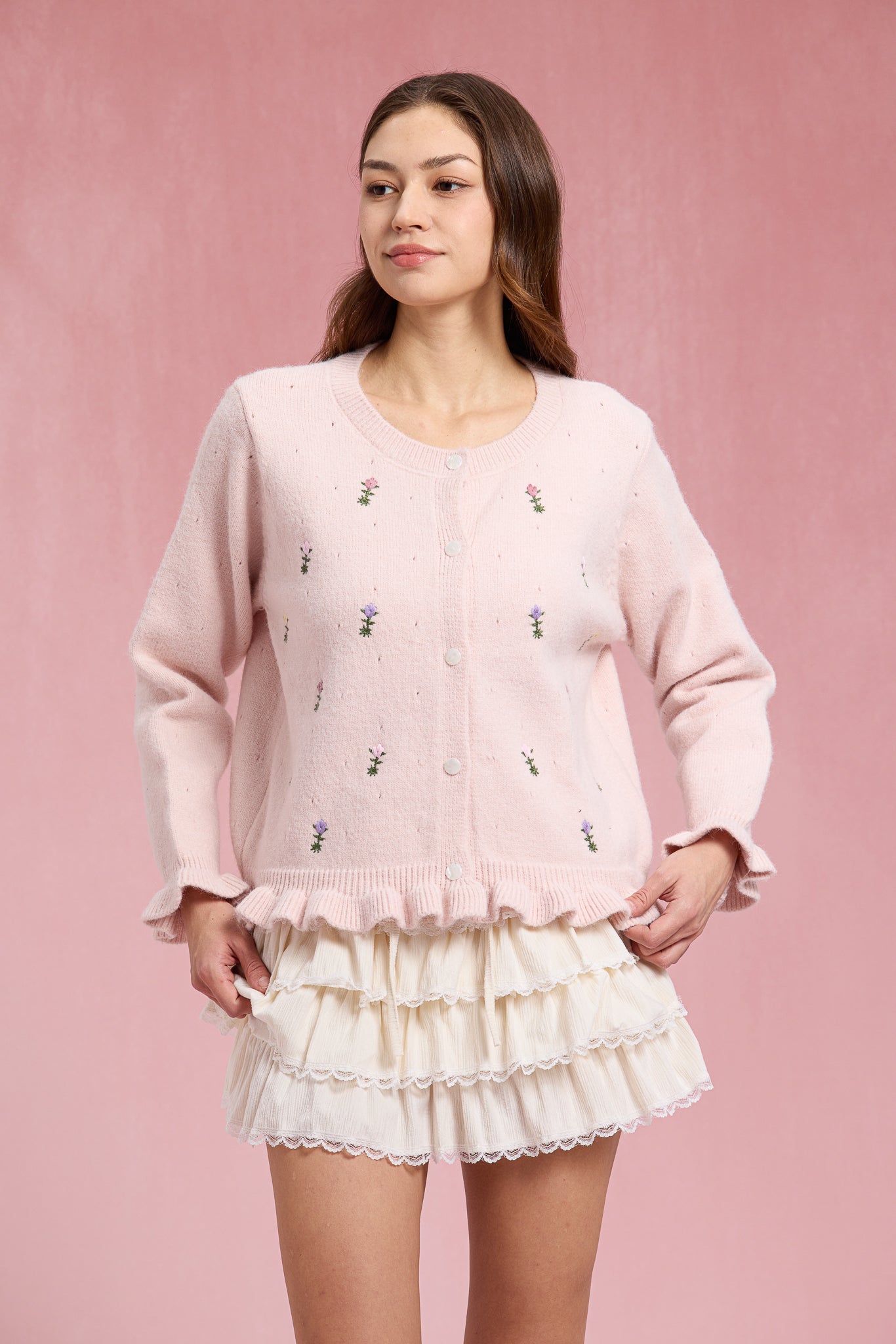 RP3069 - Pink Floral Embroidered Ruffle Cardigan (2S-2M-2L)