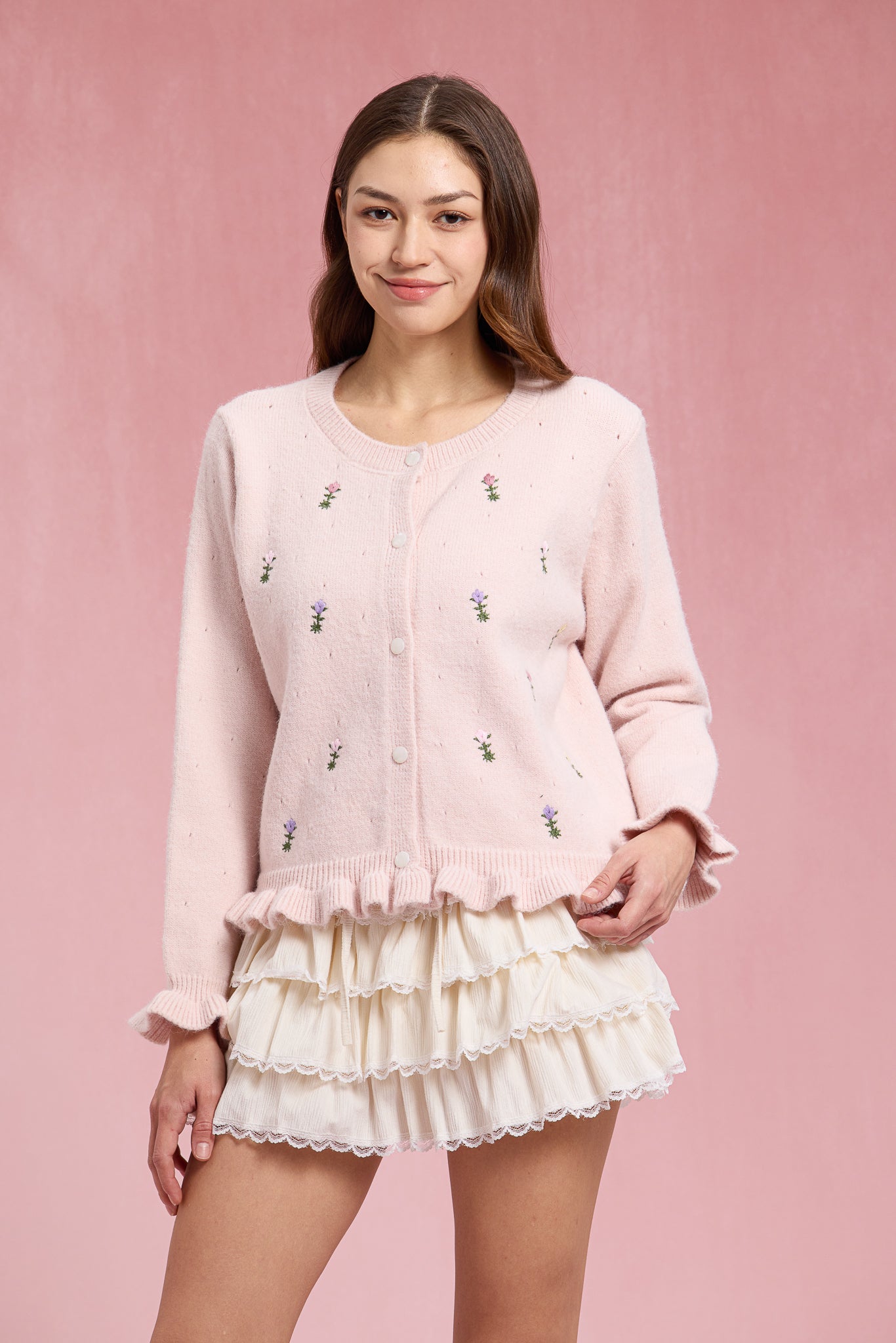 RP3069 - Pink Floral Embroidered Ruffle Cardigan (2S-2M-2L)