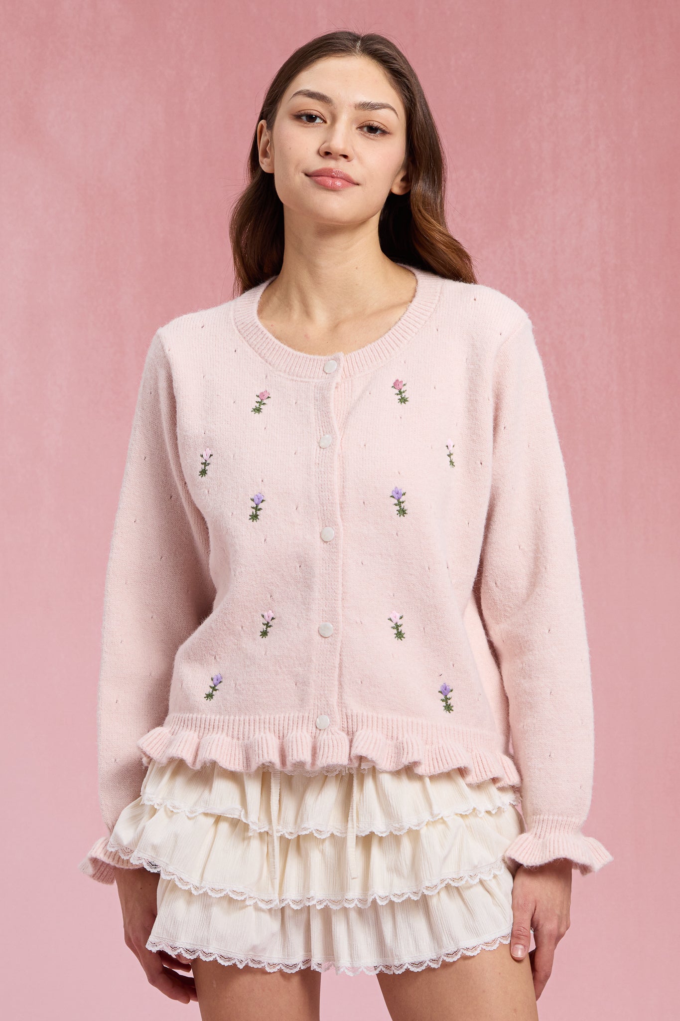 RP3069 - Pink Floral Embroidered Ruffle Cardigan (2S-2M-2L)