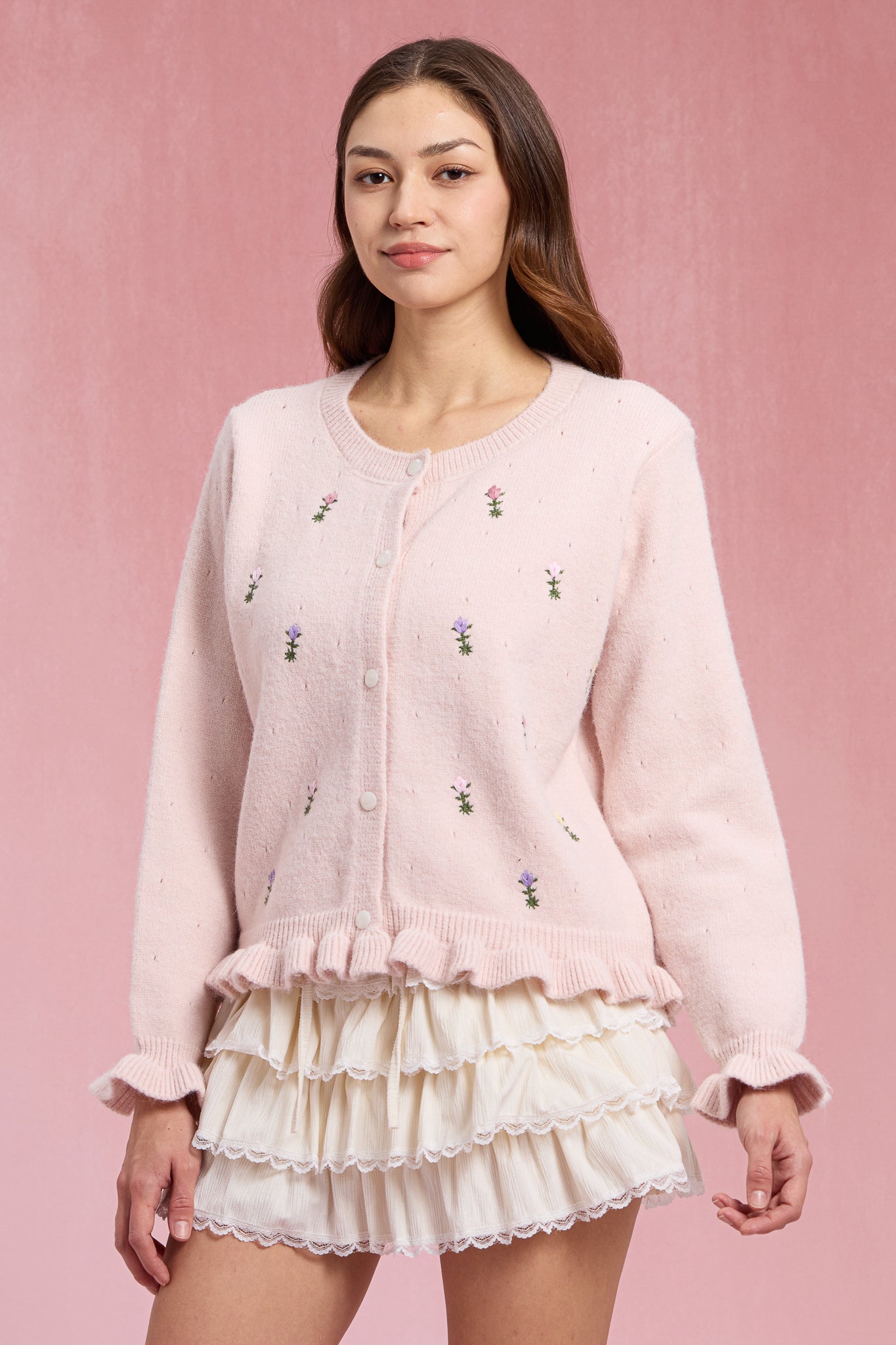 RP3069 - Pink Floral Embroidered Ruffle Cardigan (2S-2M-2L)