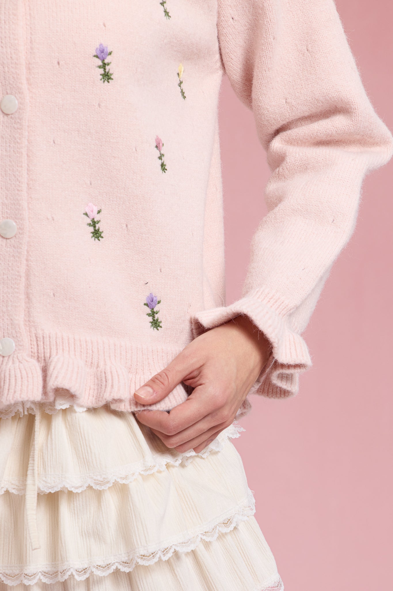 RP3069 - Pink Floral Embroidered Ruffle Cardigan (2S-2M-2L)