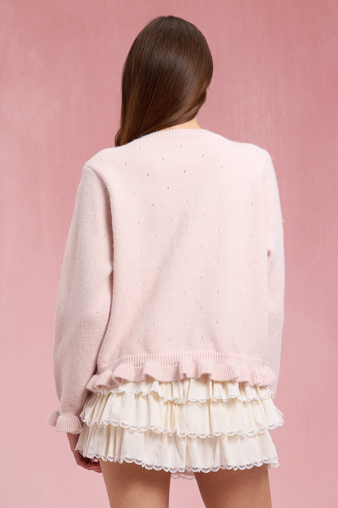 RP3069 - Pink Floral Embroidered Ruffle Cardigan (2S-2M-2L)