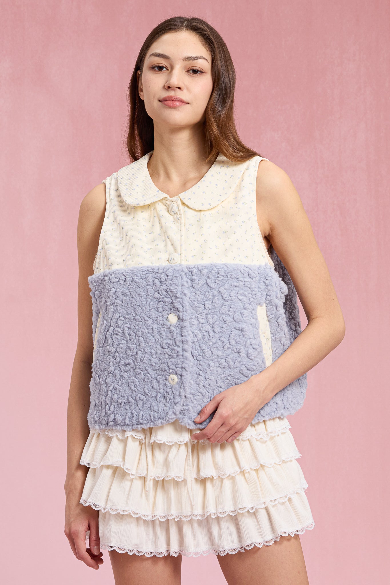 RP3042 - Blue Sherpa Floral Contrast Vest (2S-2M-2L)