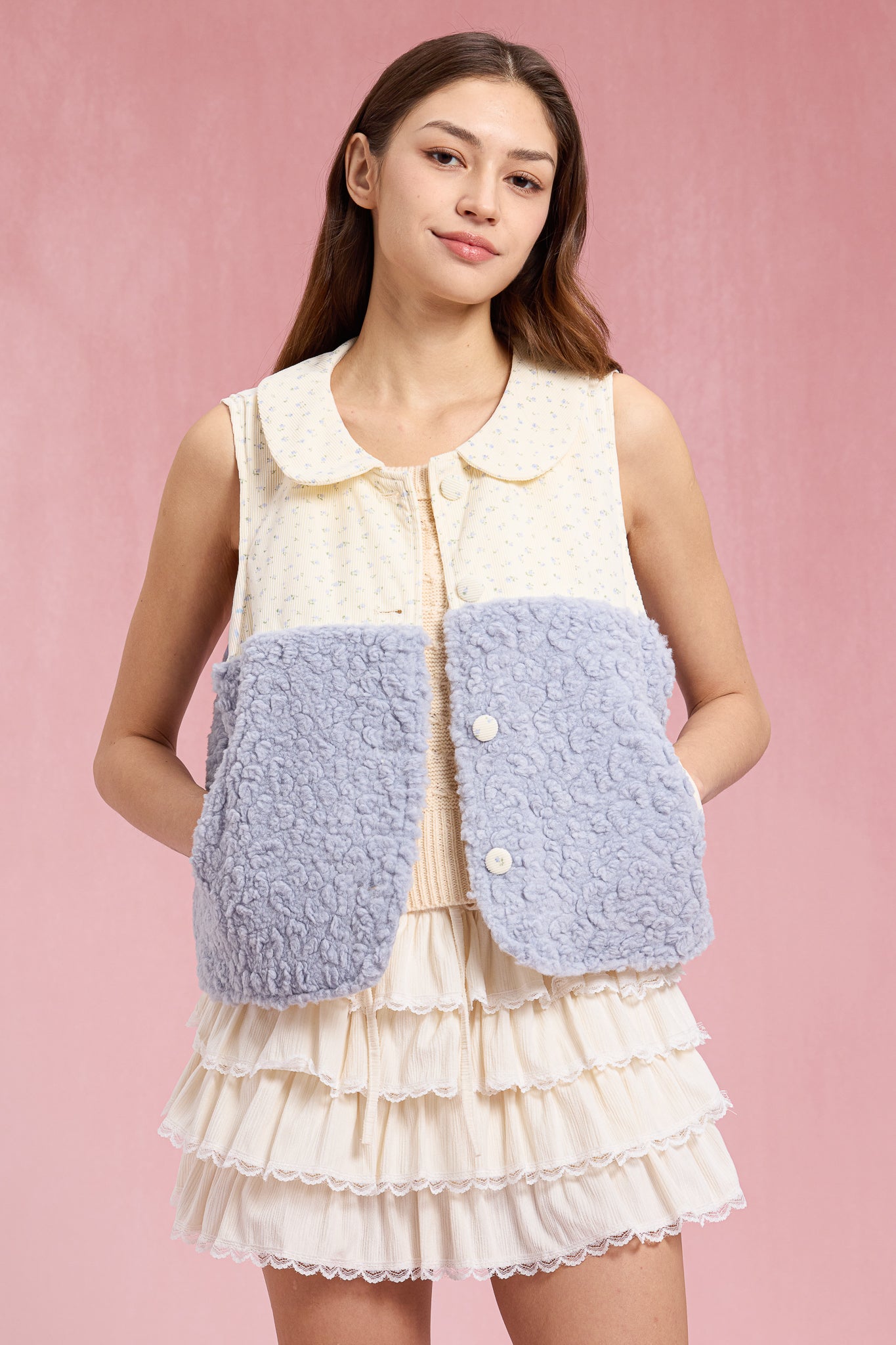 RP3042 - Blue Sherpa Floral Contrast Vest (2S-2M-2L)