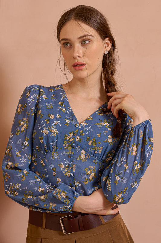 Blue Floral V-Neck Blouse with Puff Sleeves (2S-2M-2L)