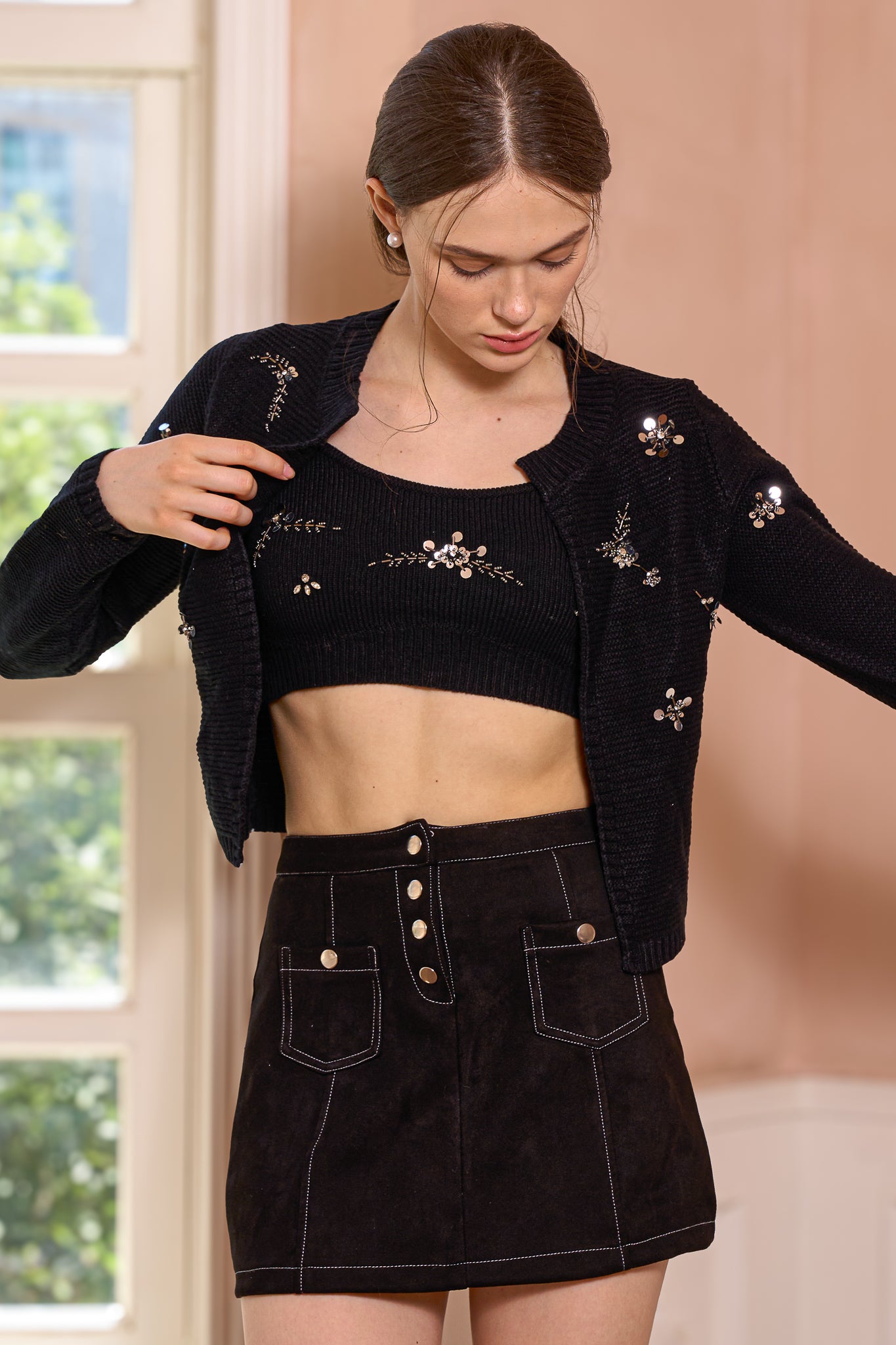 RP2501 - Black Sequin Embellished Cardigan and Crop Top Set (2S-2M-2L)