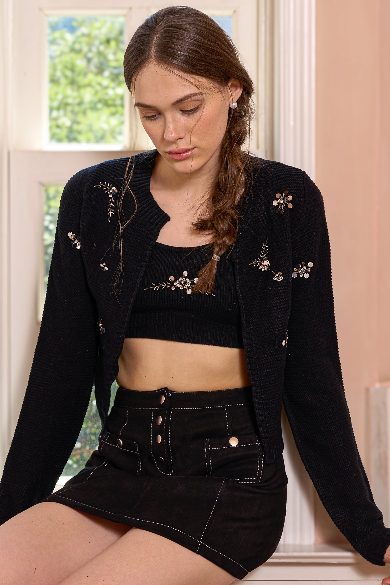 Black Sequin Embellished Cardigan and Crop Top Set (2S-2M-2L)