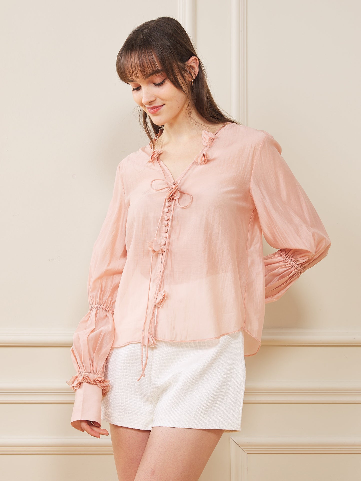 Peach Blossom Sheer Blouson Sleeve Drawstring Top (2S-2M-2L)