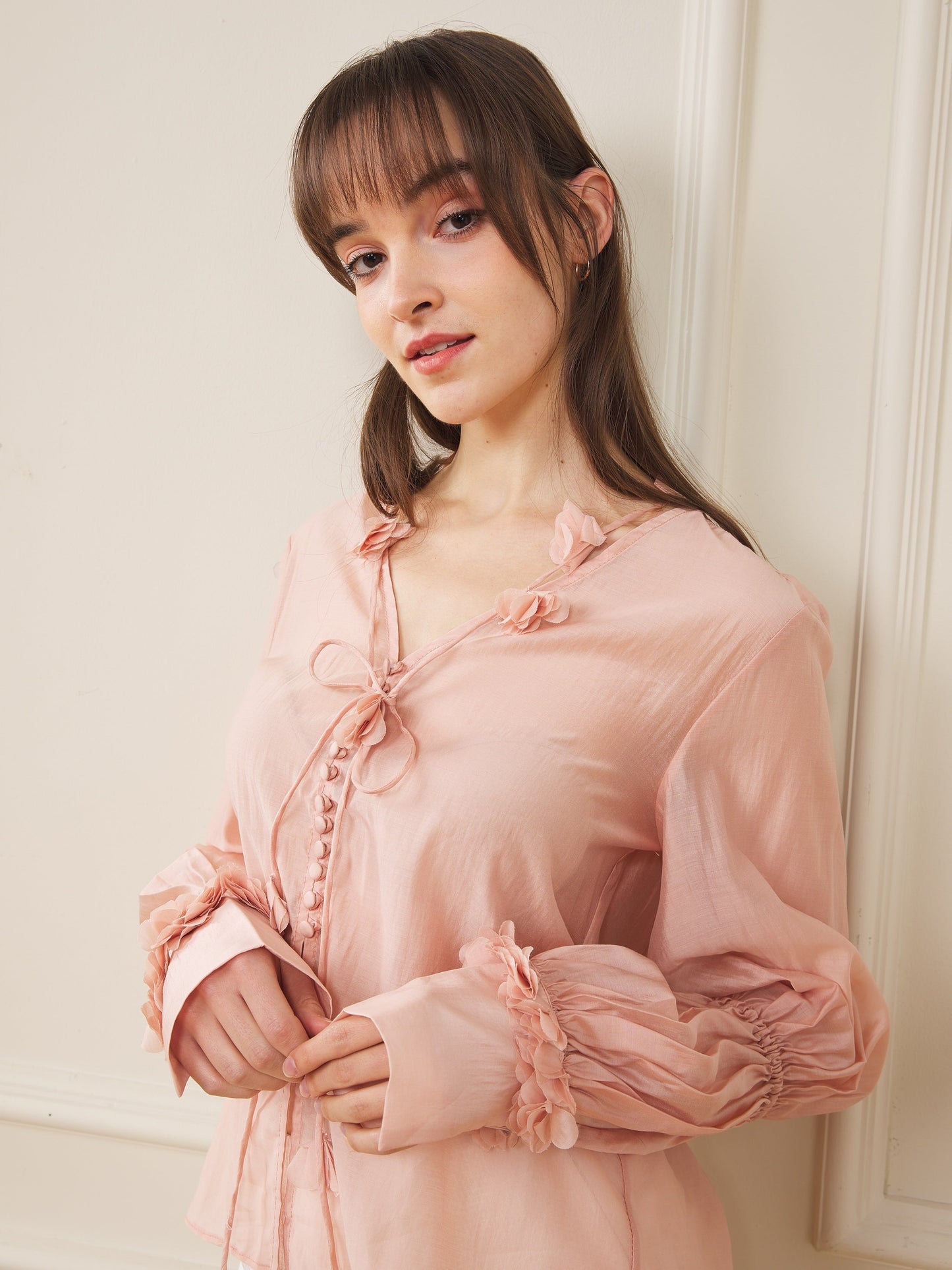 Peach Blossom Sheer Blouson Sleeve Drawstring Top (2S-2M-2L)