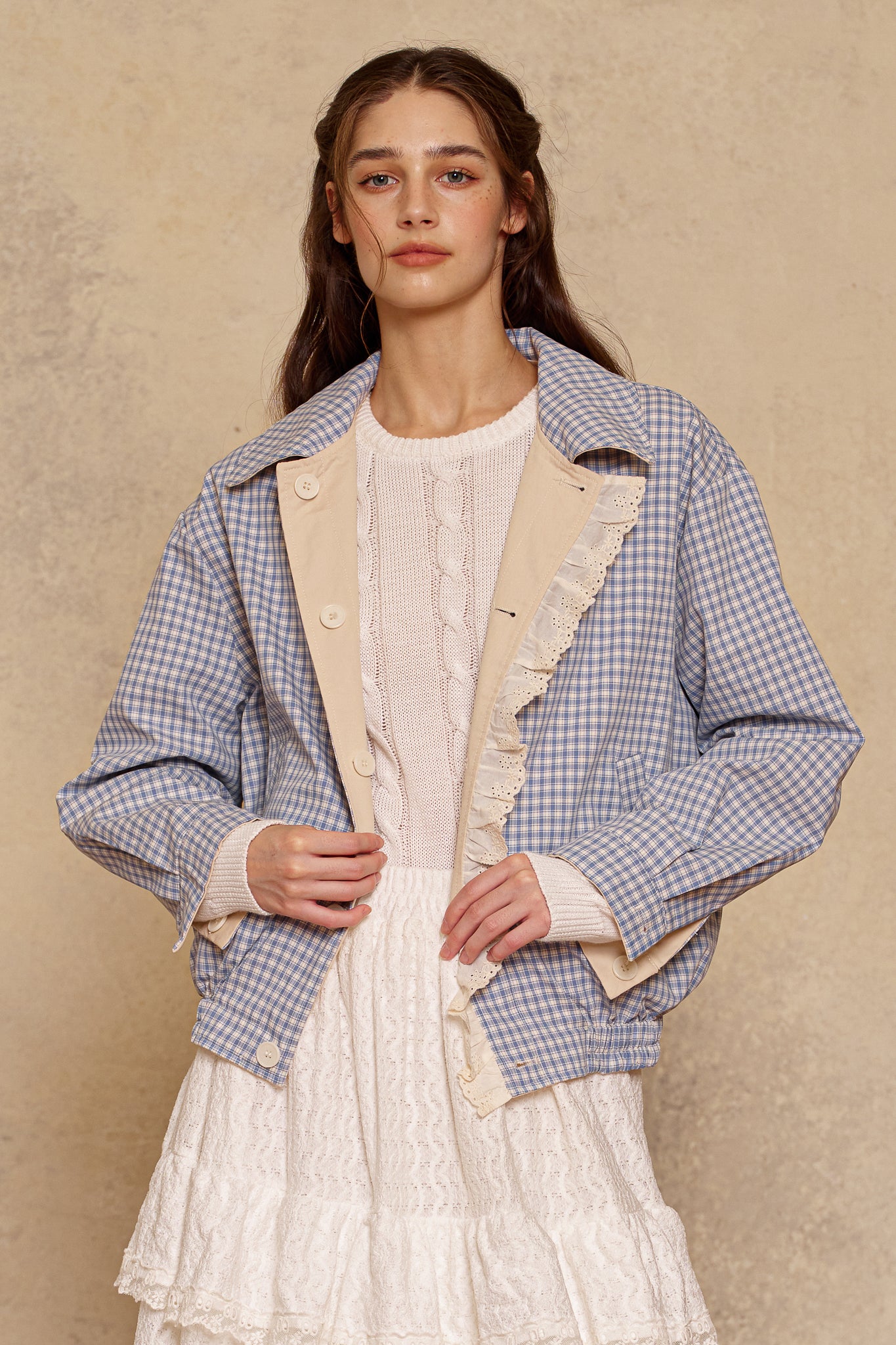 testRP3020 - Reversible Gingham Ruffle Jacket (2S-2M-2L)