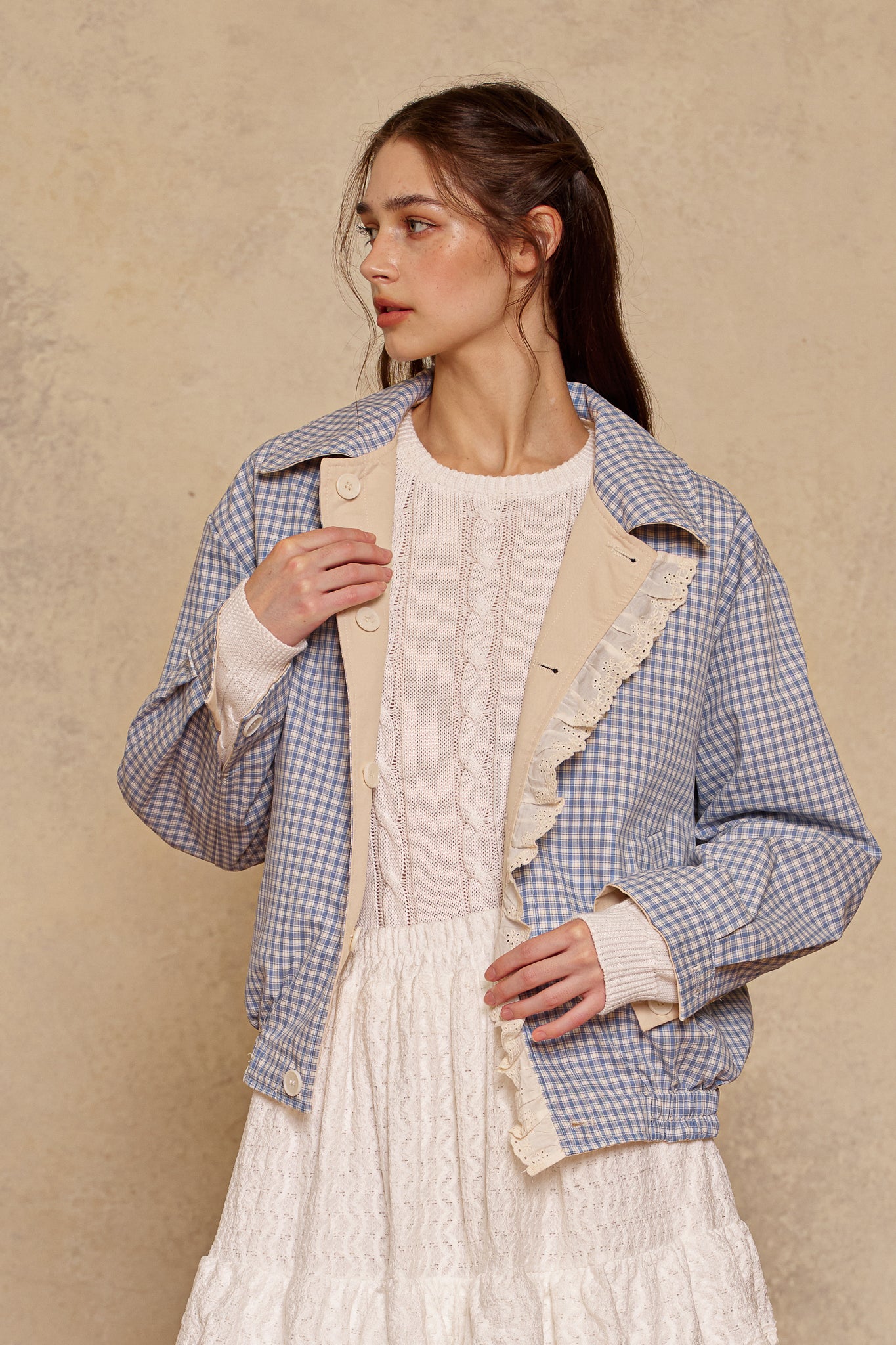 testRP3020 - Reversible Gingham Ruffle Jacket (2S-2M-2L)