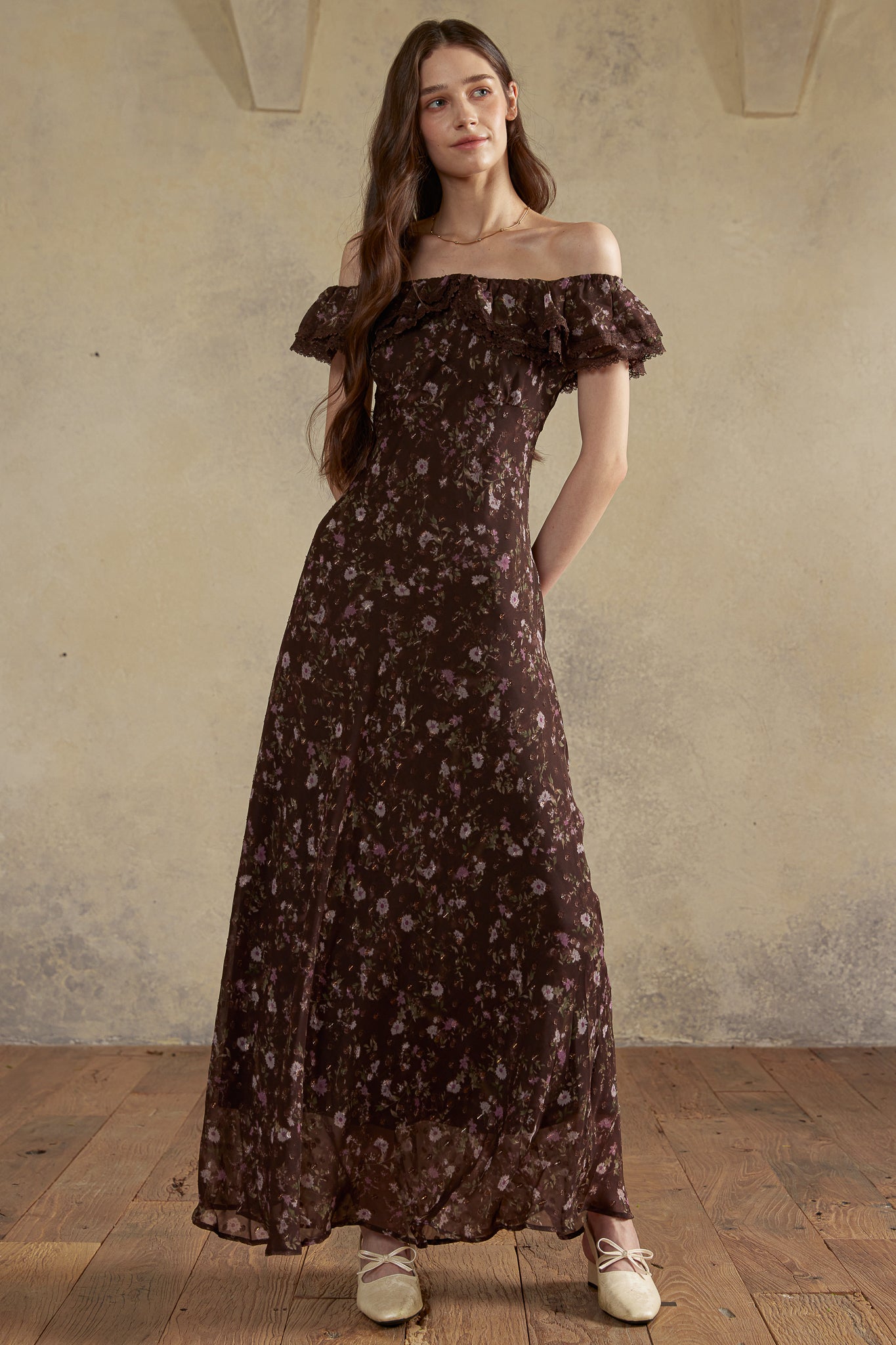 RP2975 - Dark Floral Off-Shoulder Dress (2S-2M-2L)