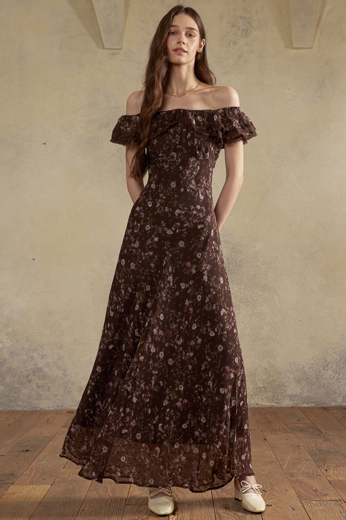 RP2975 - Dark Floral Off-Shoulder Dress (2S-2M-2L)