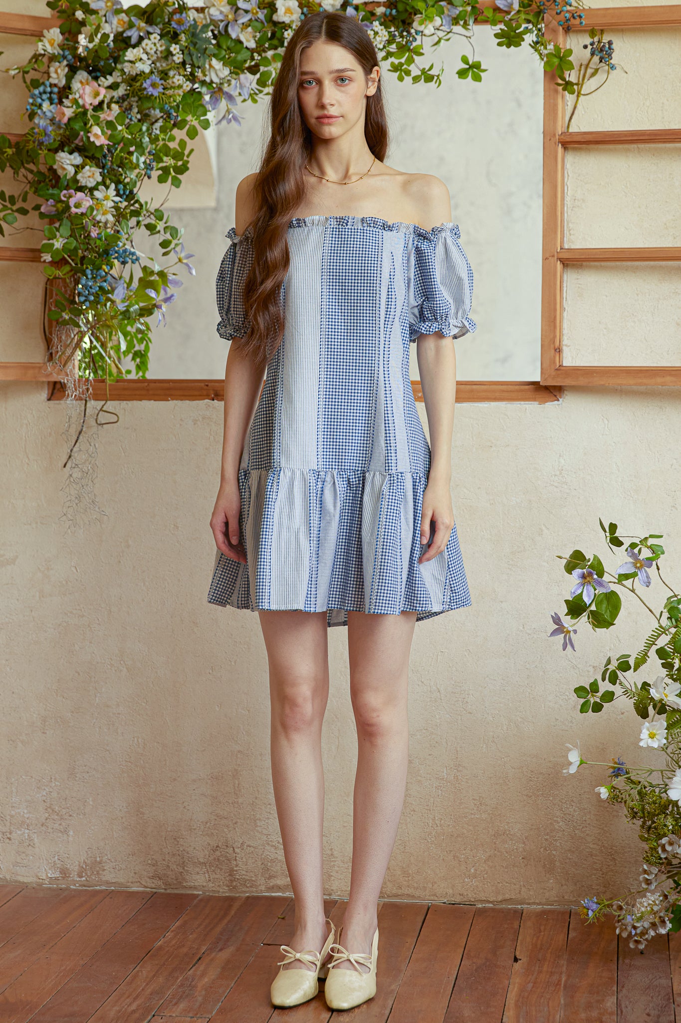 RP2991 - Gingham Patchwork Off-Shoulder Mini Dress (2S-2M-2L)