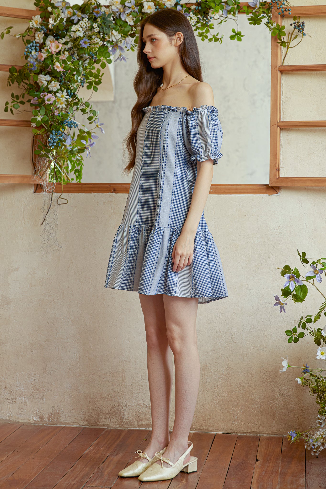 RP2991 - Gingham Patchwork Off-Shoulder Mini Dress (2S-2M-2L)