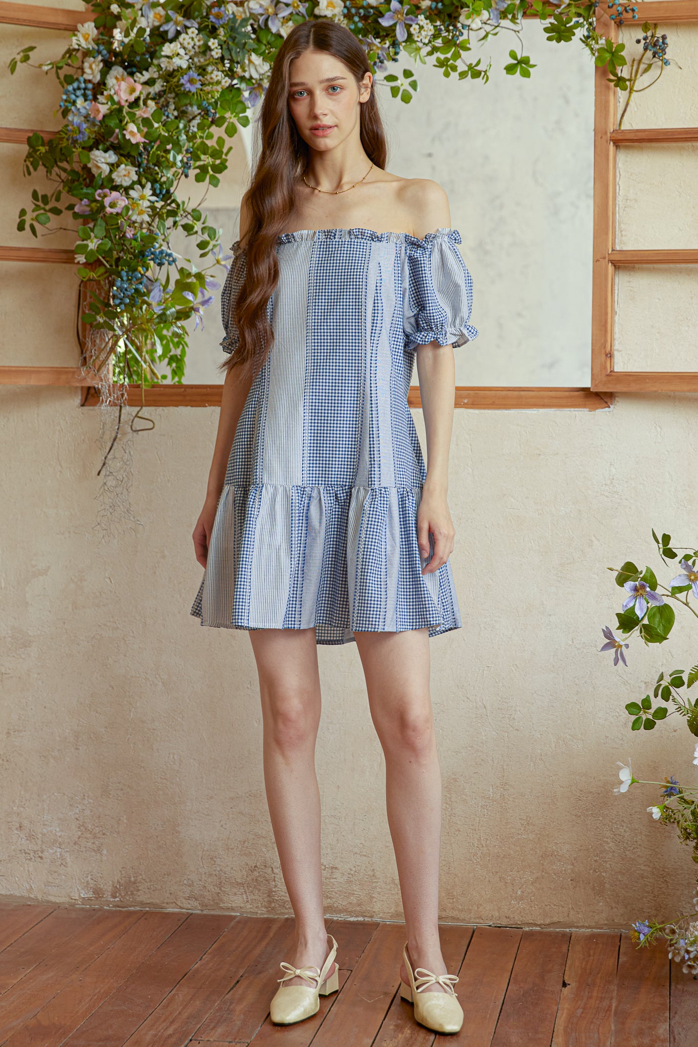 RP2991 - Gingham Patchwork Off-Shoulder Mini Dress (2S-2M-2L)