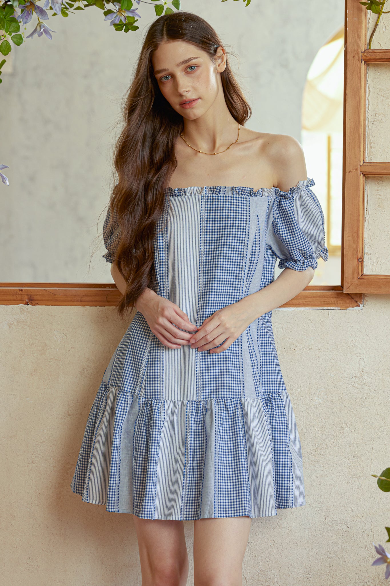 RP2991 - Gingham Patchwork Off-Shoulder Mini Dress (2S-2M-2L)