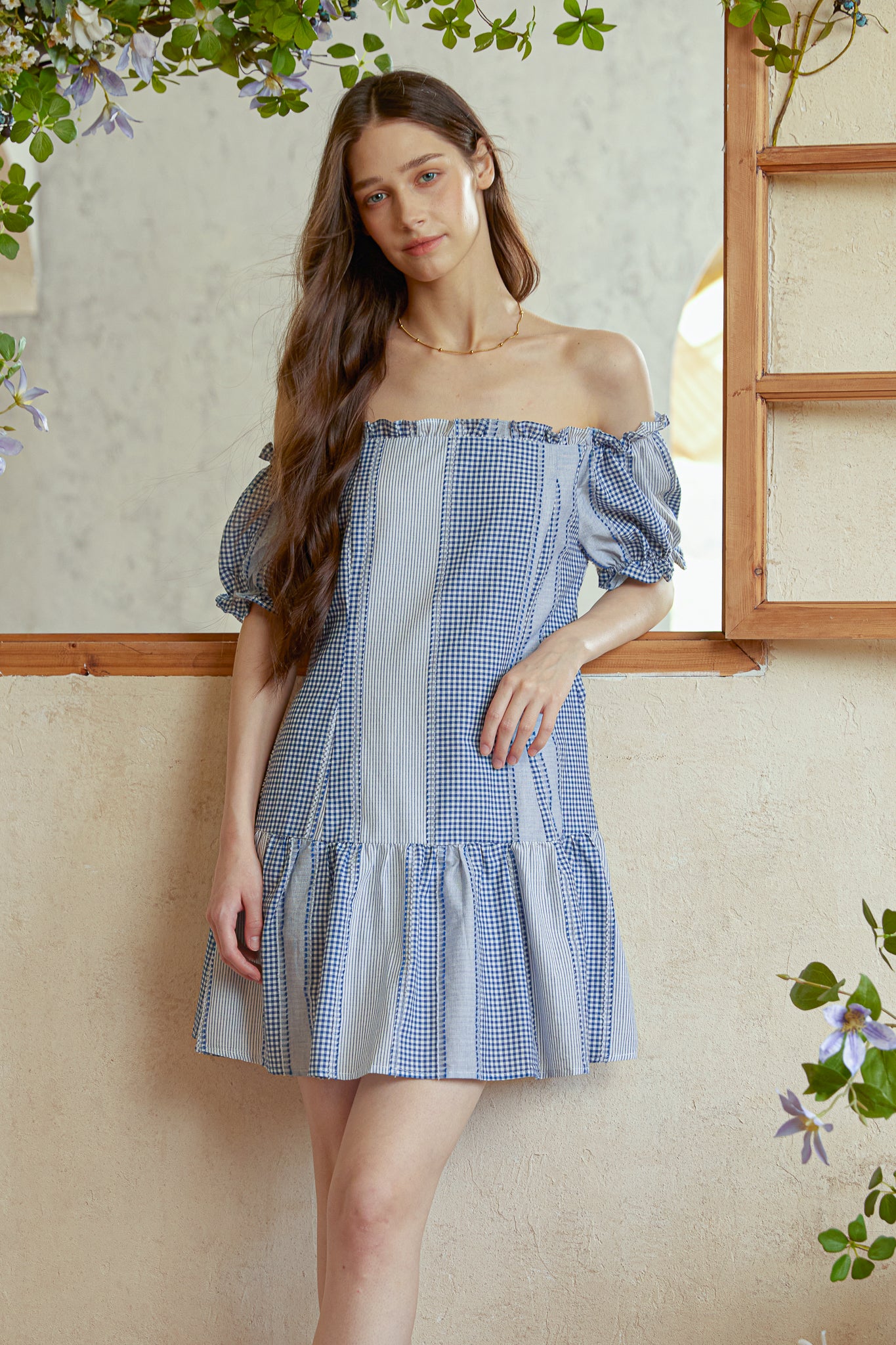 RP2991 - Gingham Patchwork Off-Shoulder Mini Dress (2S-2M-2L)