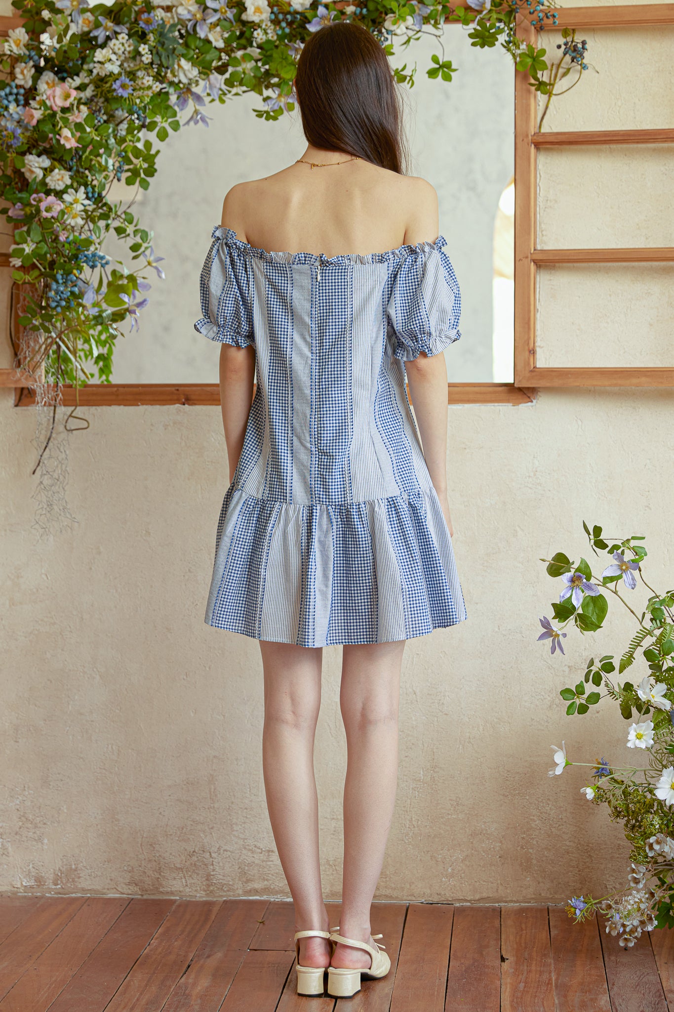 RP2991 - Gingham Patchwork Off-Shoulder Mini Dress (2S-2M-2L)