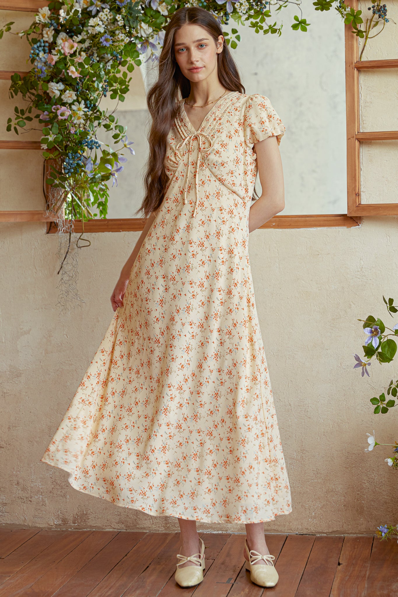 RP2968 - Vintage Petal V-Neck Midi Dress (2S-2M-2L)