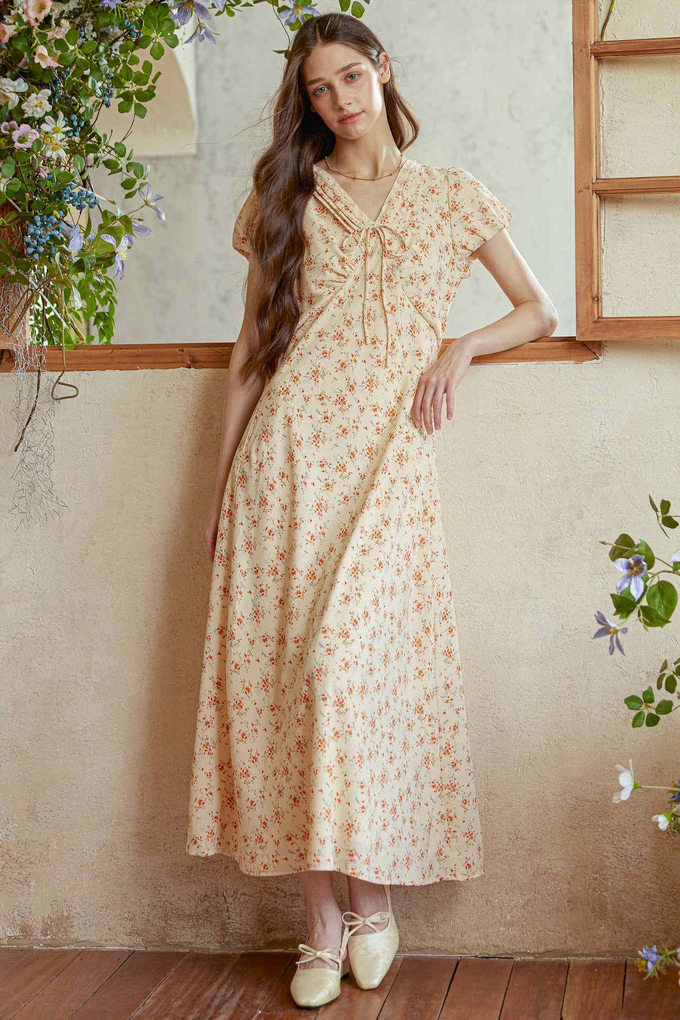 RP2968 - Vintage Petal V-Neck Midi Dress (2S-2M-2L)