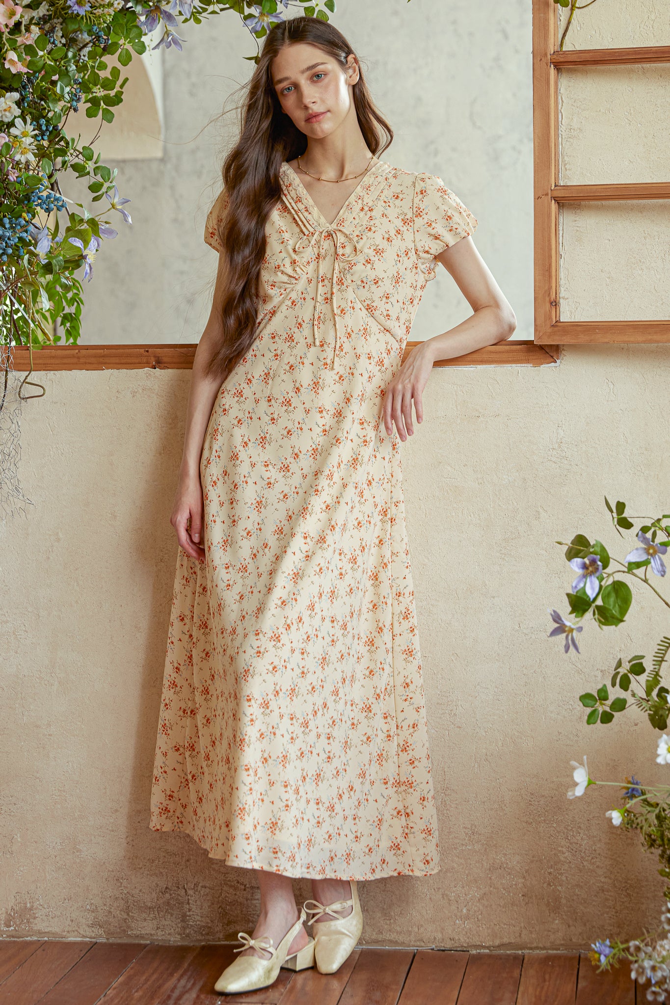 RP2968 - Vintage Petal V-Neck Midi Dress (2S-2M-2L)