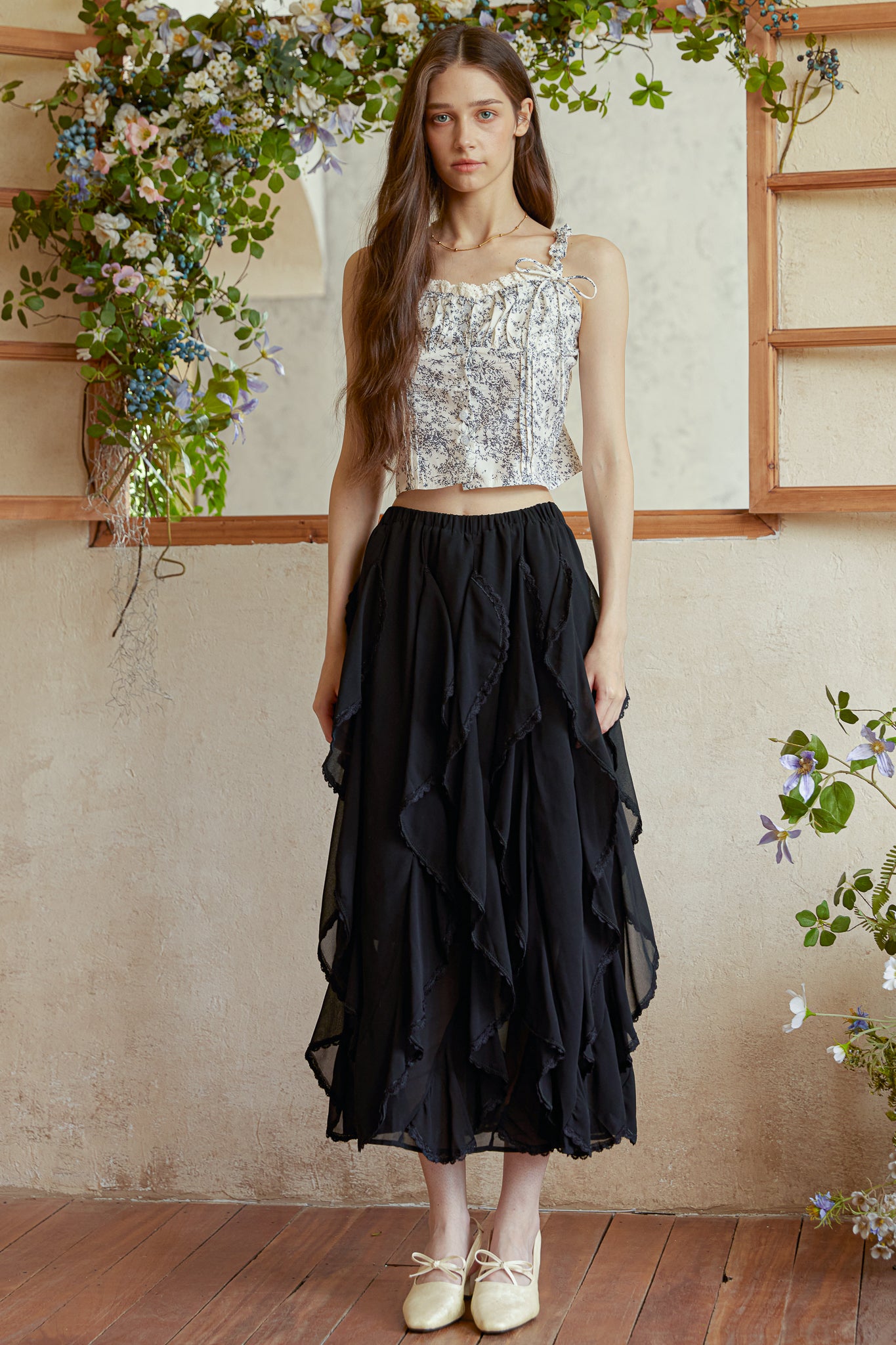 RP2978 - Black Cascading Petal Midi Skirt (2S-2M-2L)