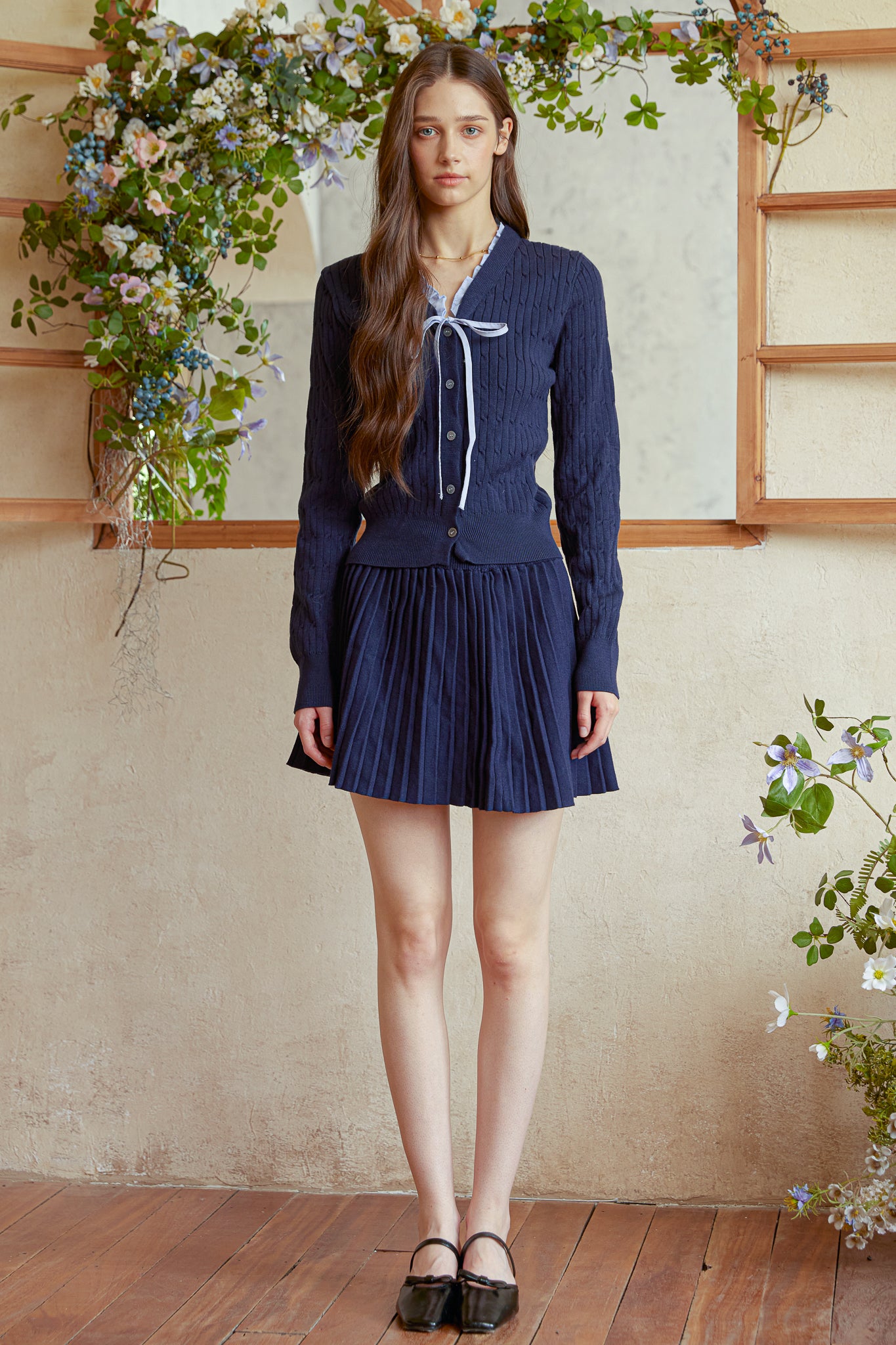 RP2945 - Navy Knit & Pleated Skirt Set (2S-2M-2L)