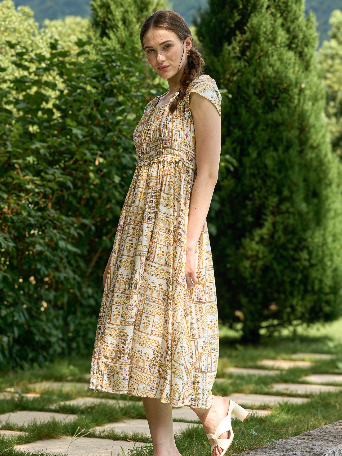 Golden Mosaic Smocked Midi Dress (2S-2M-2L)