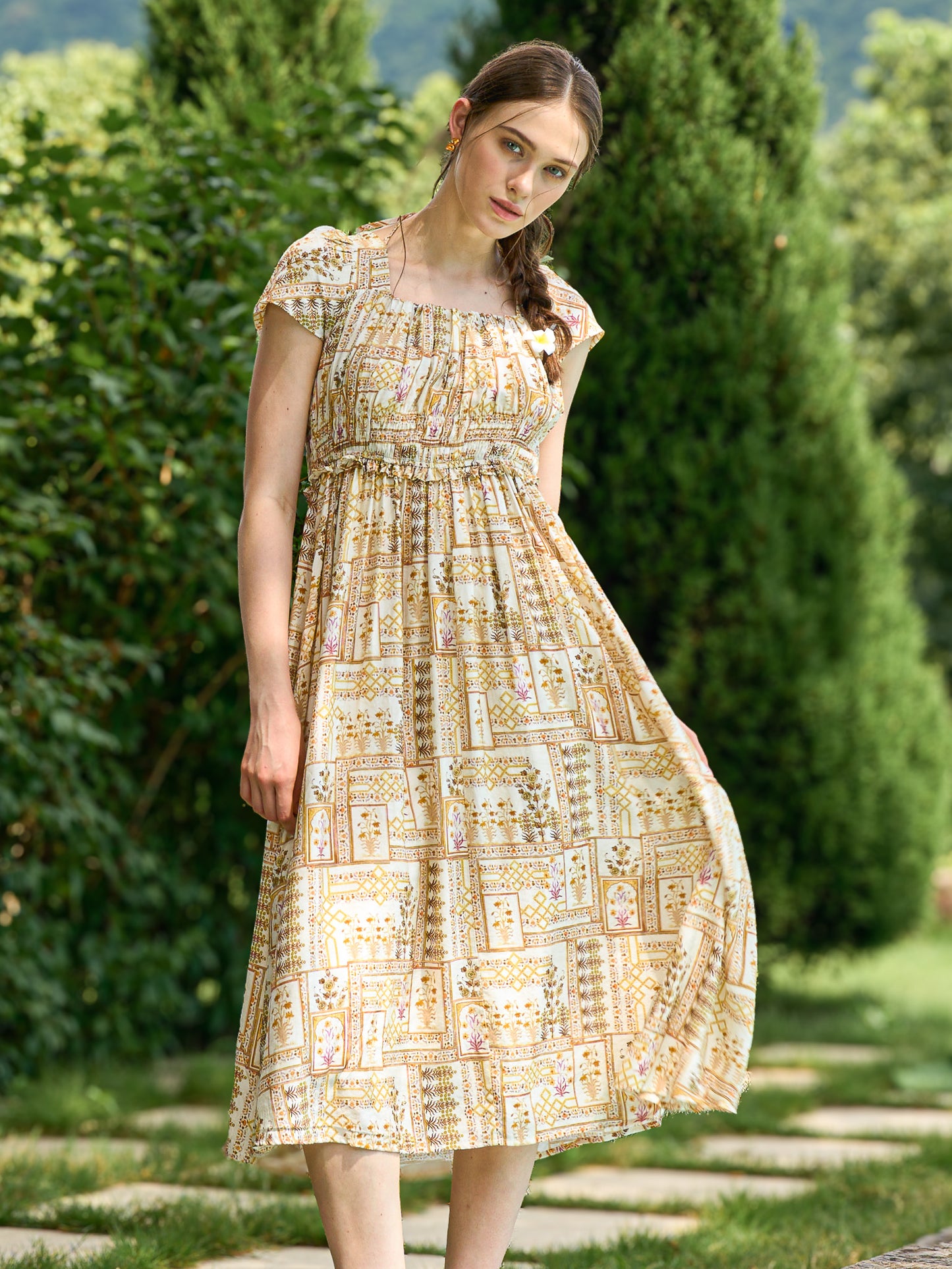 Golden Mosaic Smocked Midi Dress (2S-2M-2L)