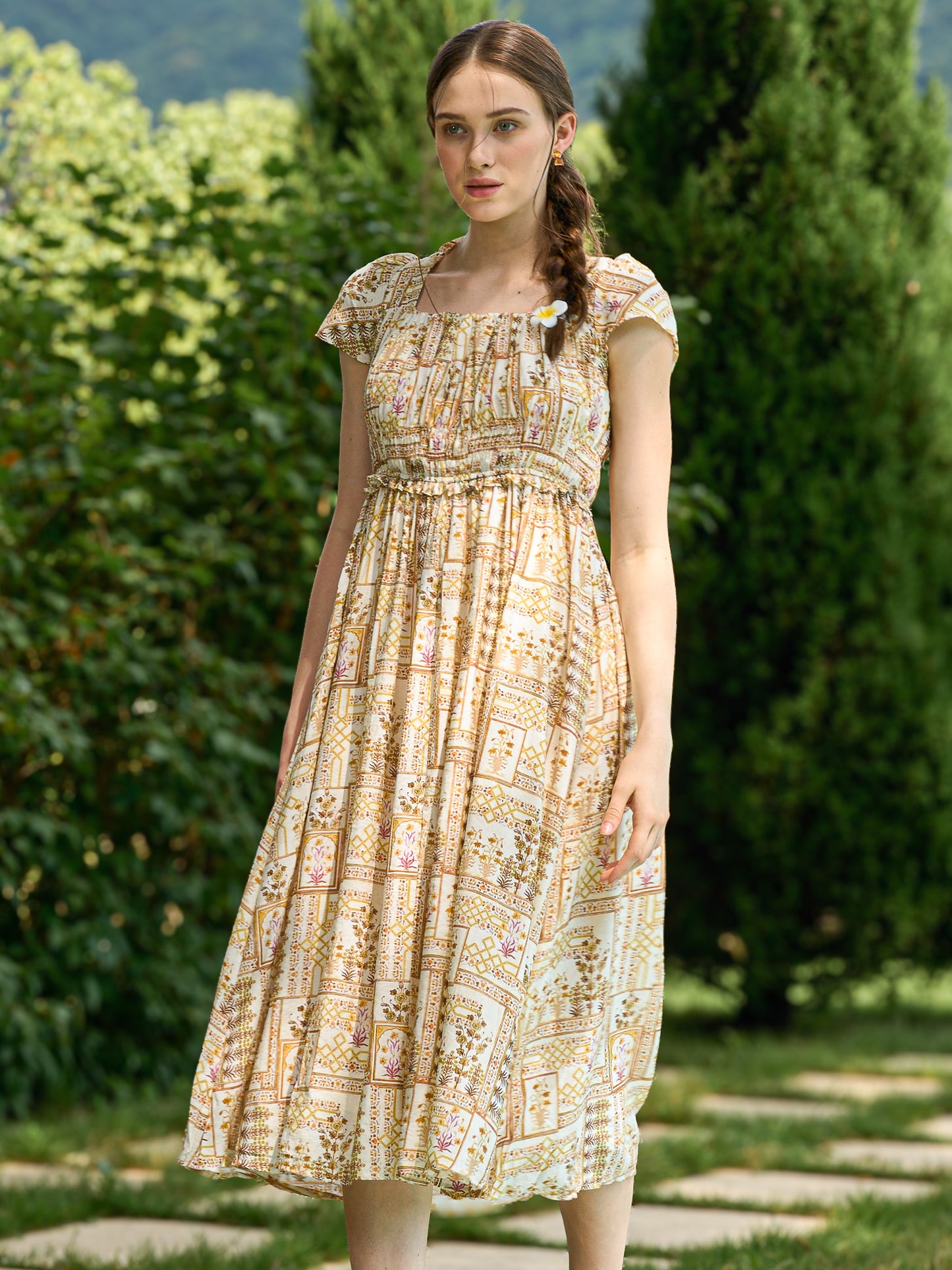 Golden Mosaic Smocked Midi Dress (2S-2M-2L)