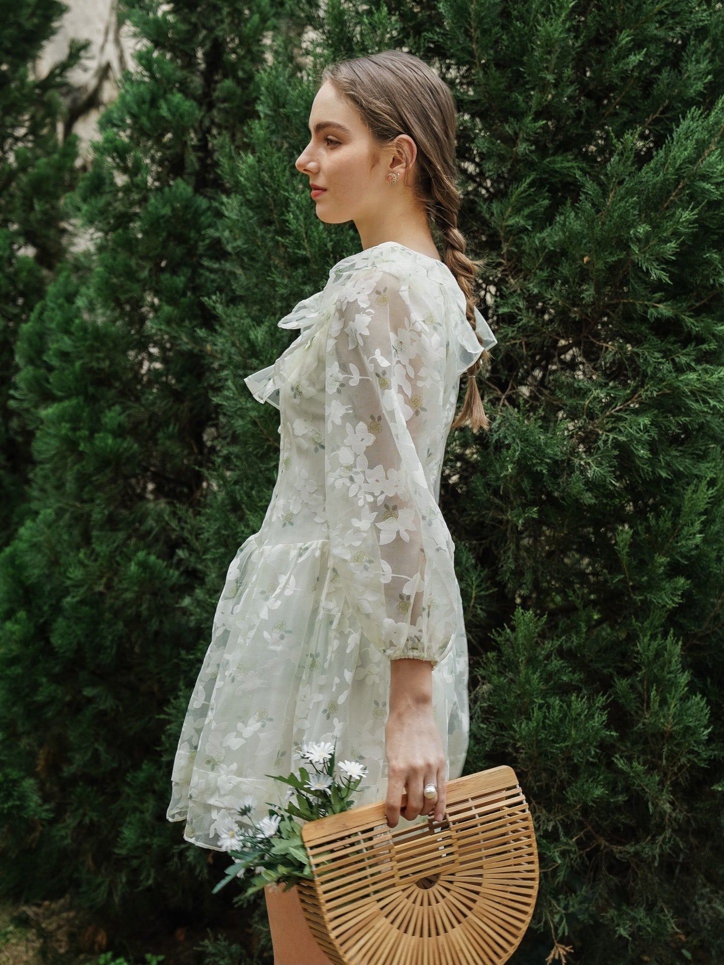 Whimsical Floral Embroidered Sheer Dress with Ruffle Detail (2S-2M-2L)