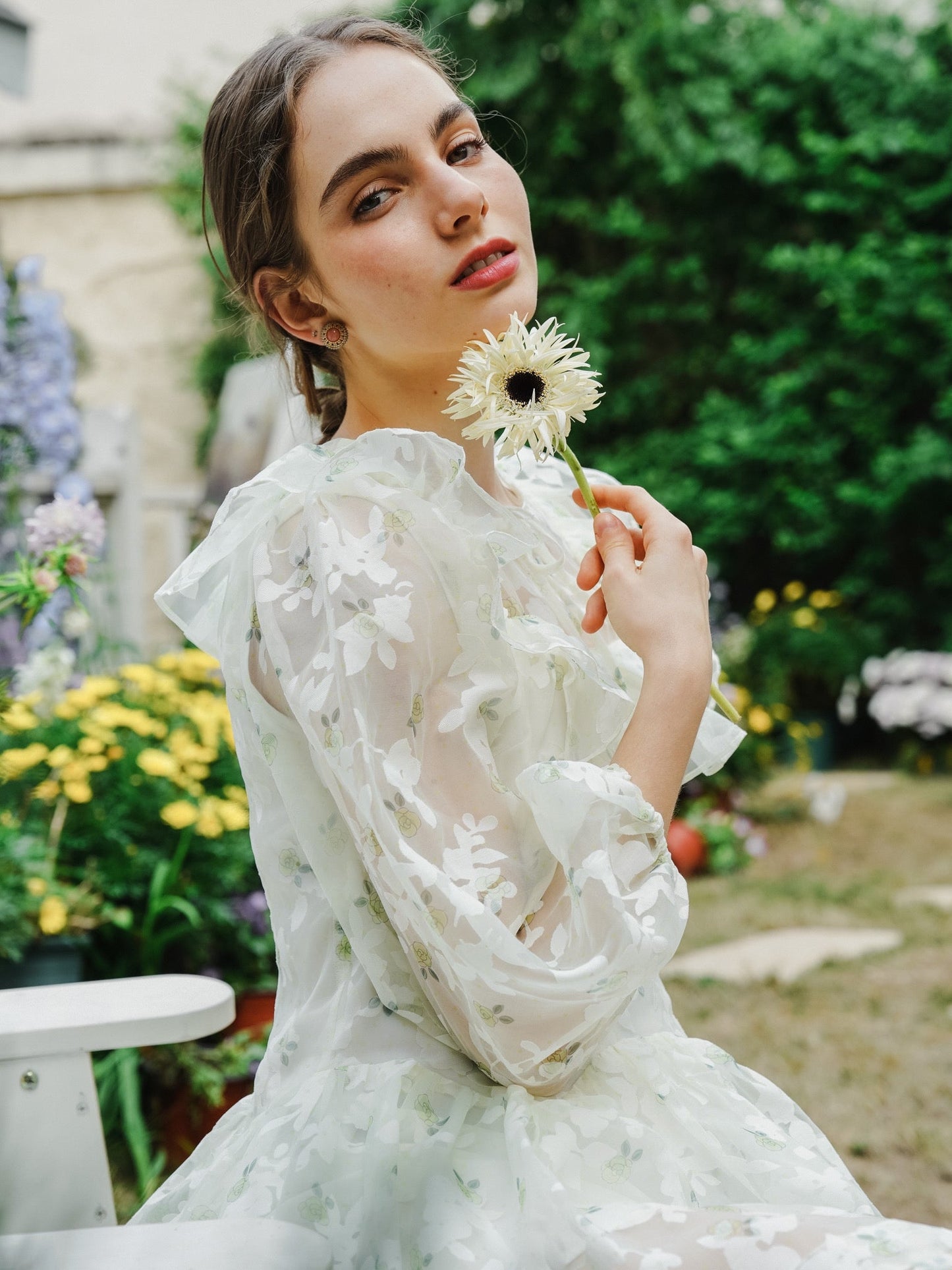 Whimsical Floral Embroidered Sheer Dress with Ruffle Detail (2S-2M-2L)