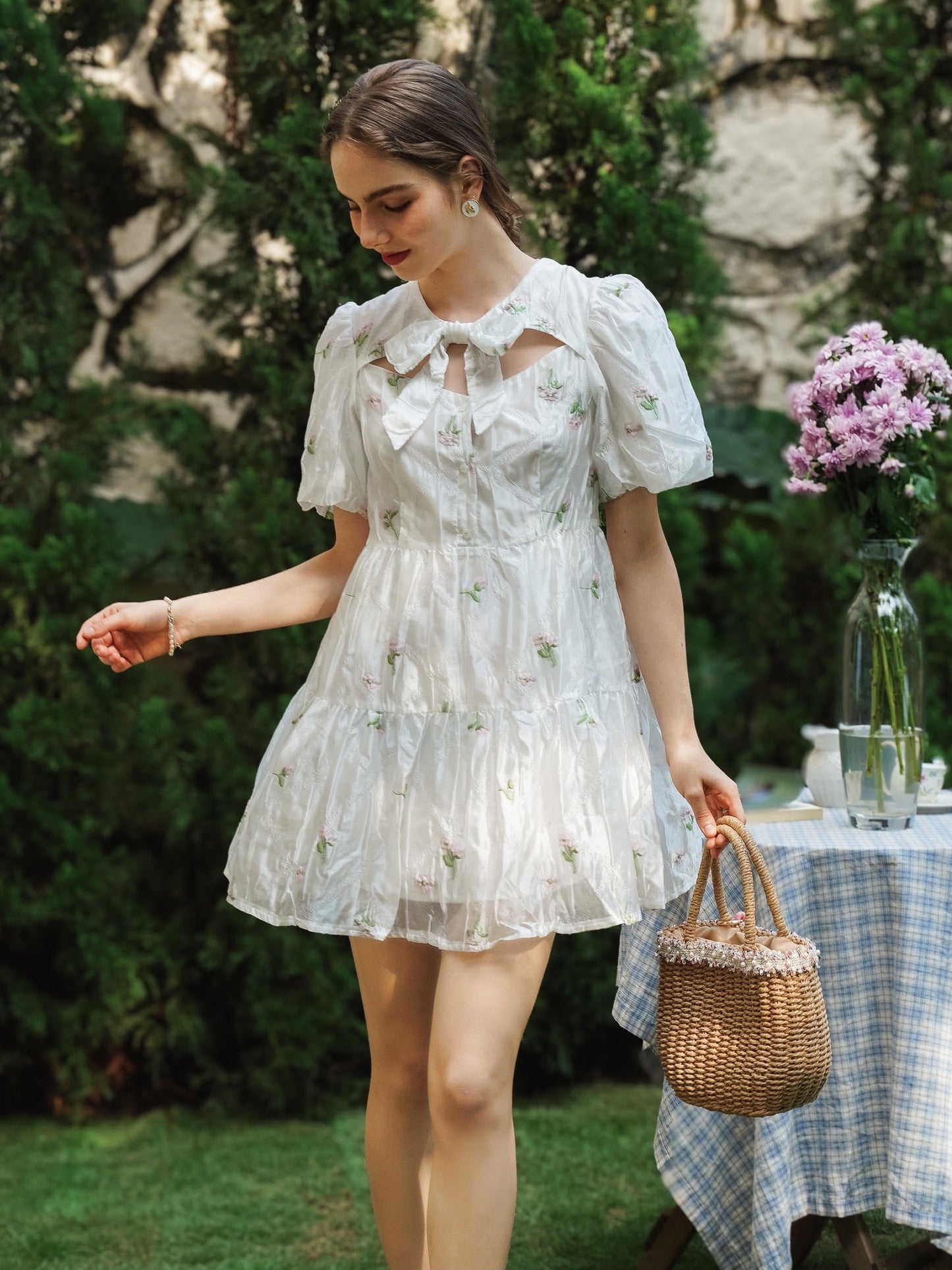 Garden Whimsy Puff-Sleeve Mini Dress with Bow Collar (2S-2M-2L)