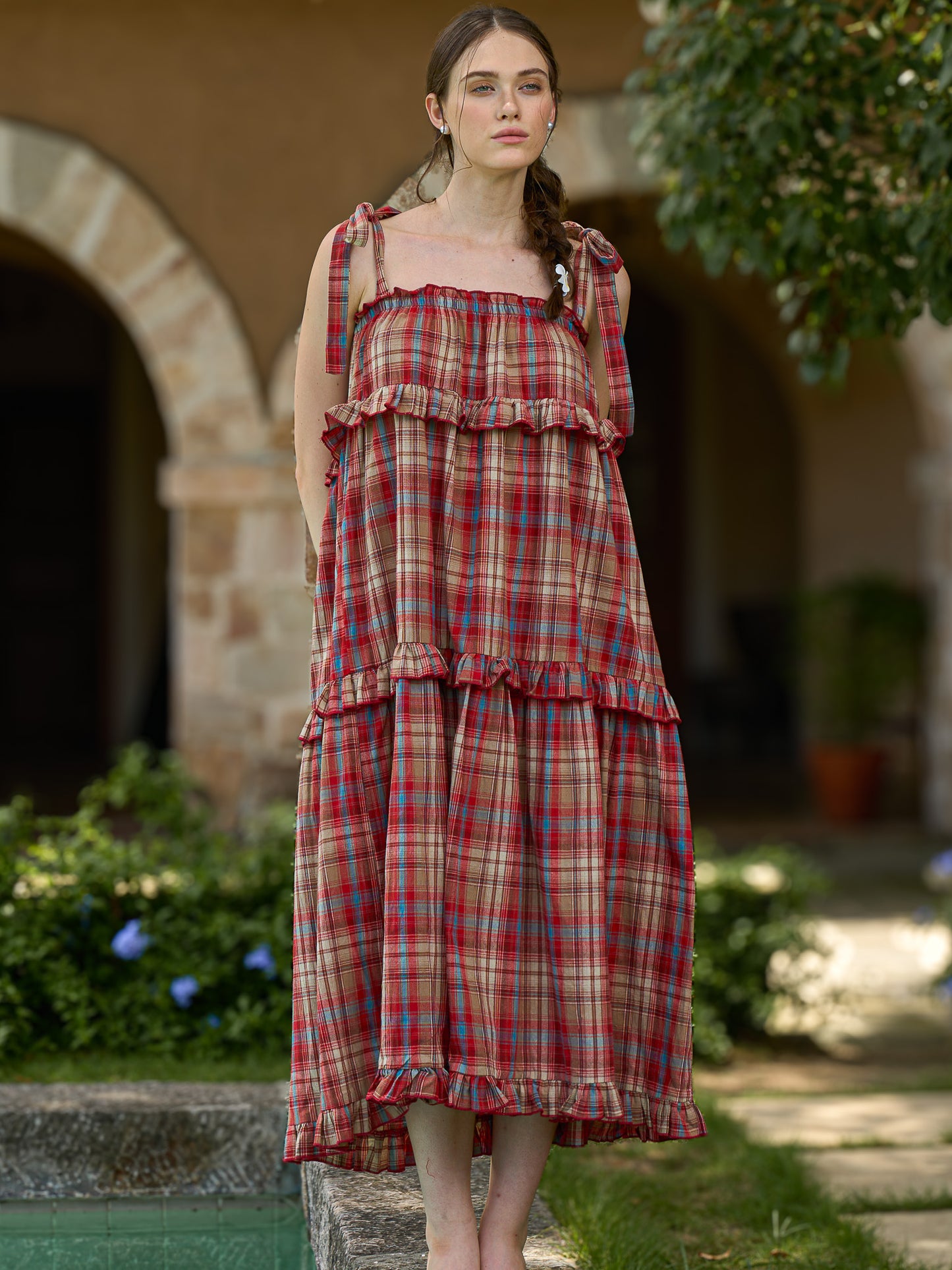 Red Checkered Cotton Maxi Dress (2S-2M-2L)