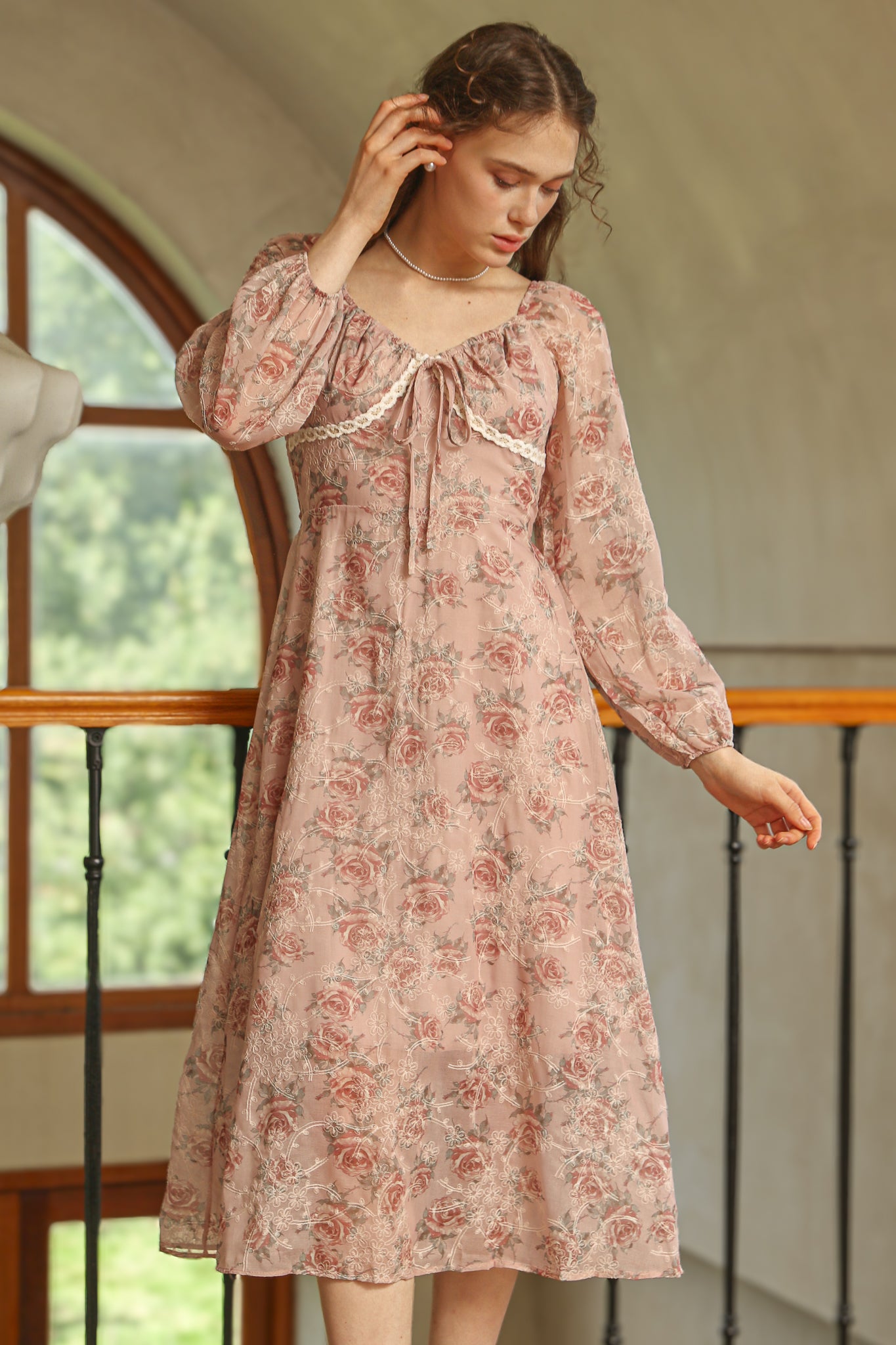 Dusty Rose Lace Trim Floral Dress (2S-2M-2L)