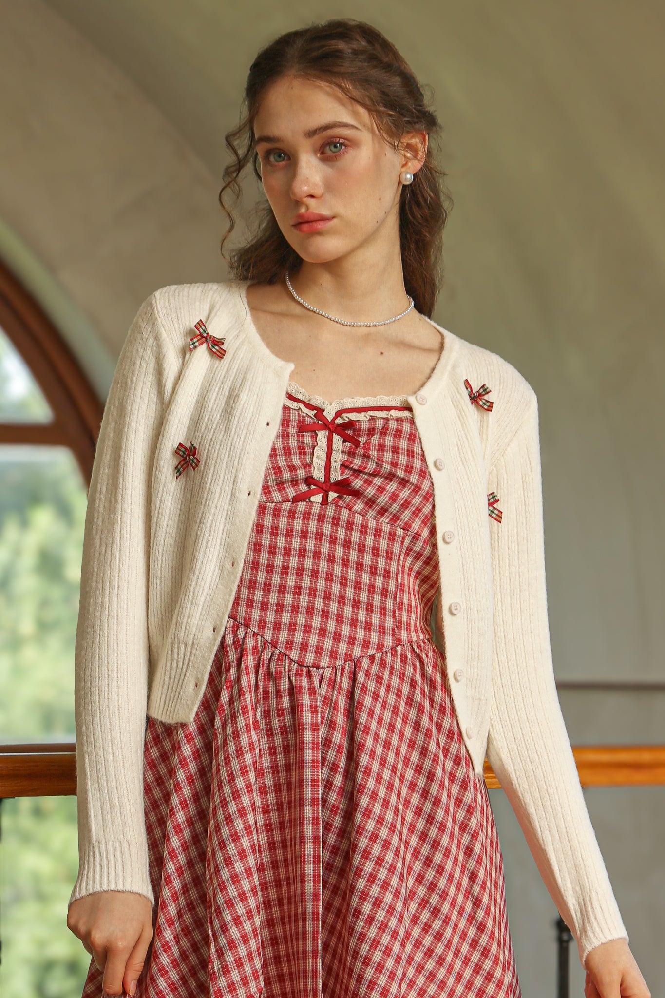 RP2521 - Plaid Bow Embellished Knit Cardigan (2S-2M-2L)