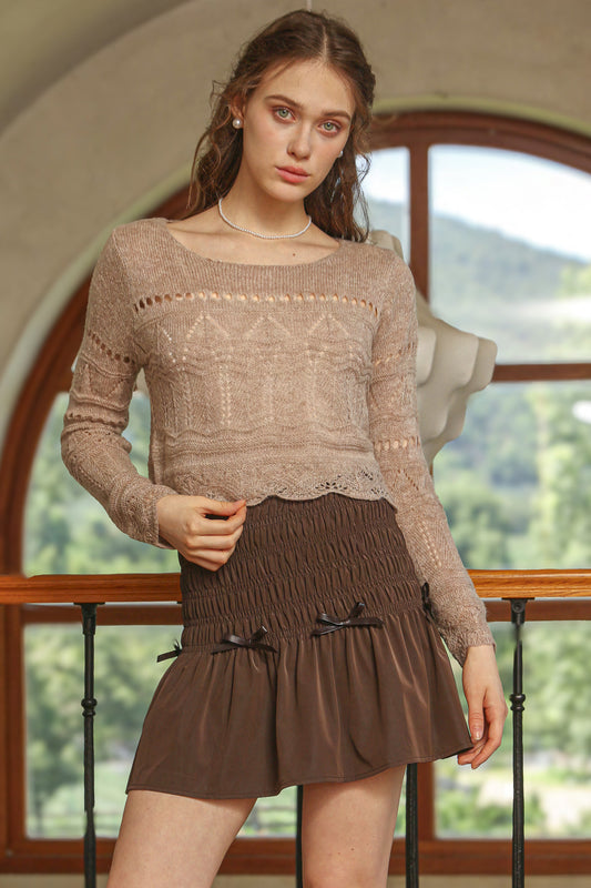 Wool-Blend Taupe Knit Sweater with Boho Cutouts (2S-2M-2L)