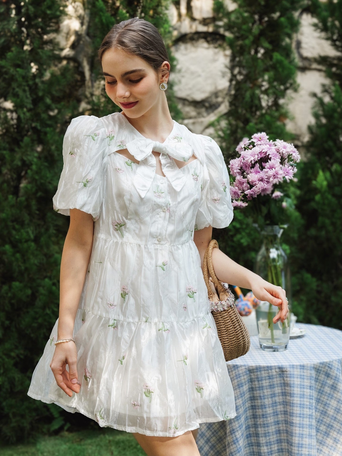 Garden Whimsy Puff-Sleeve Mini Dress with Bow Collar (2S-2M-2L)