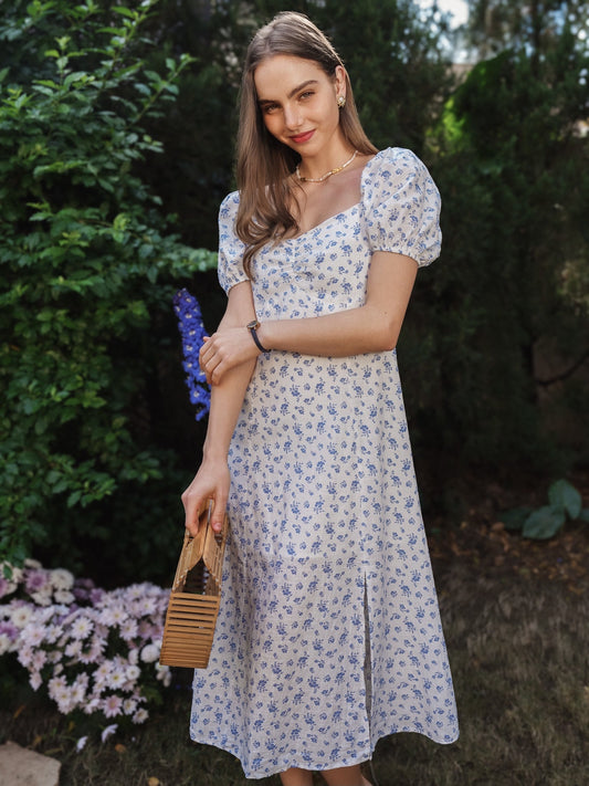 Vintage-Inspired Blue Floral Midi Dress with Puff Sleeves (2S-2M-2L)