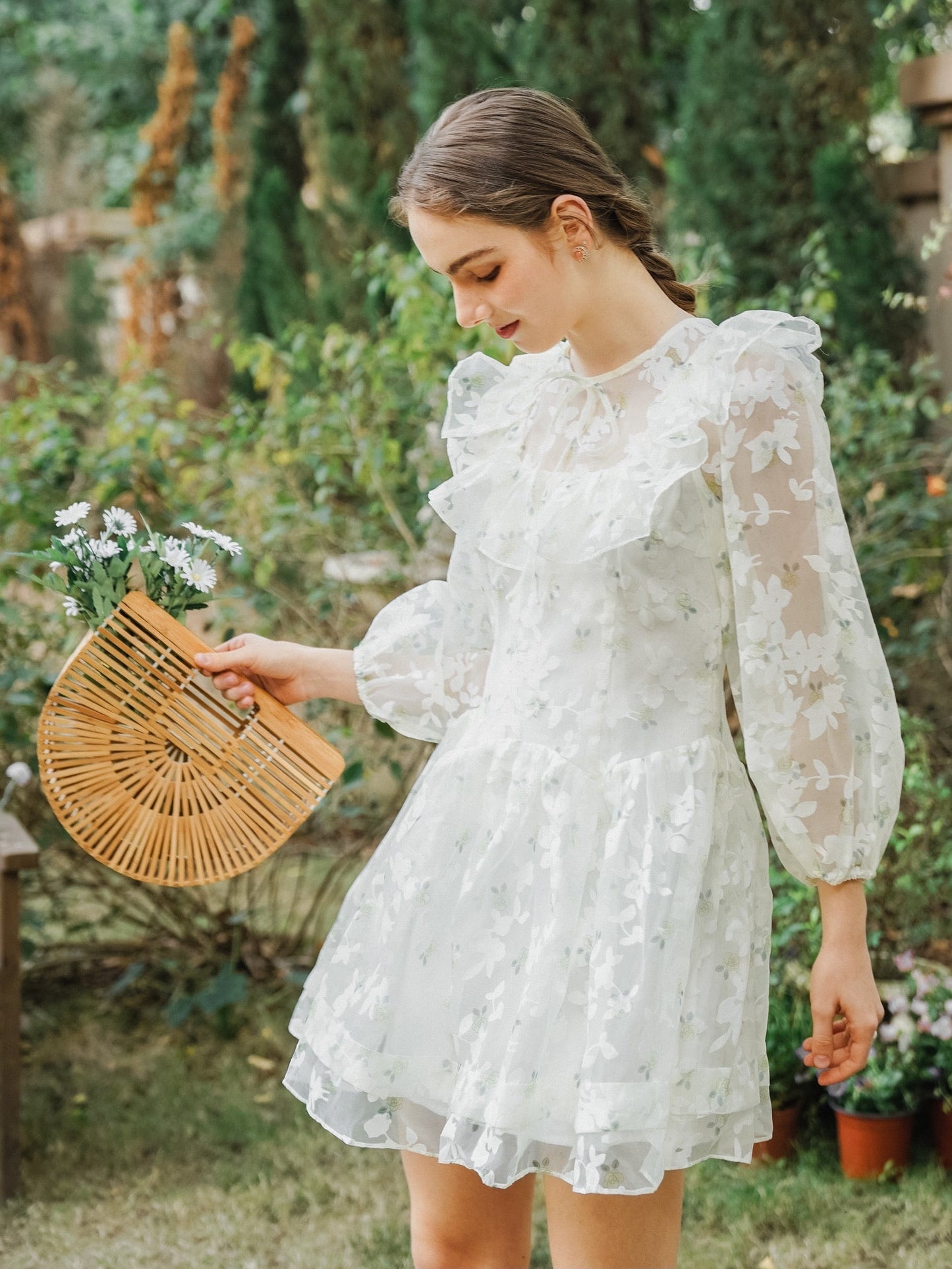 Whimsical Floral Embroidered Sheer Dress with Ruffle Detail (2S-2M-2L)