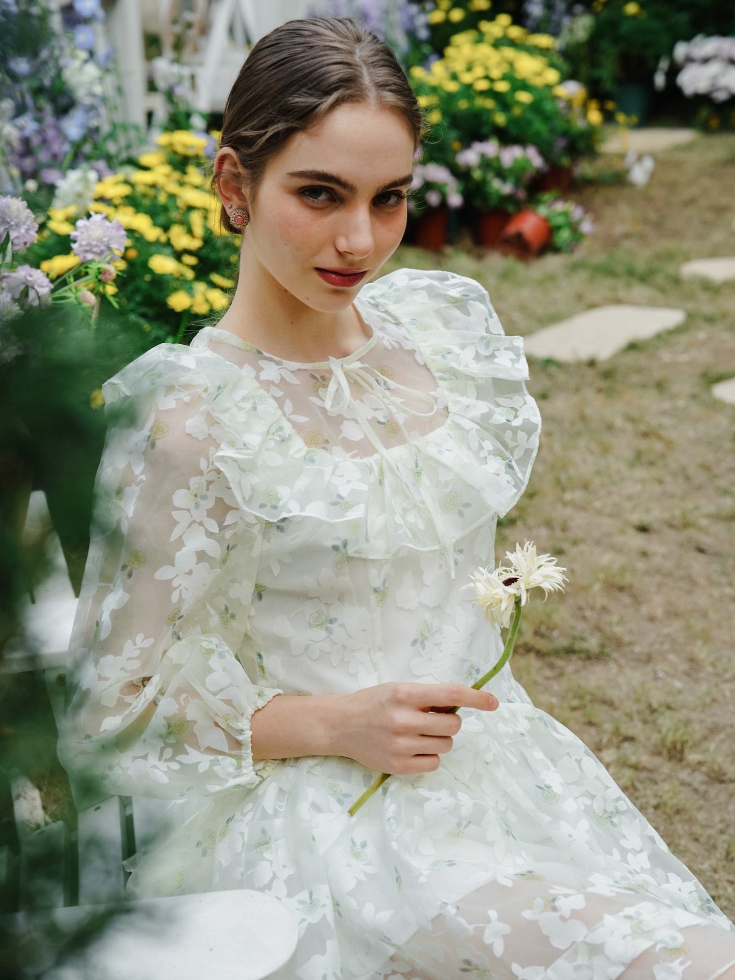 Whimsical Floral Embroidered Sheer Dress with Ruffle Detail (2S-2M-2L)