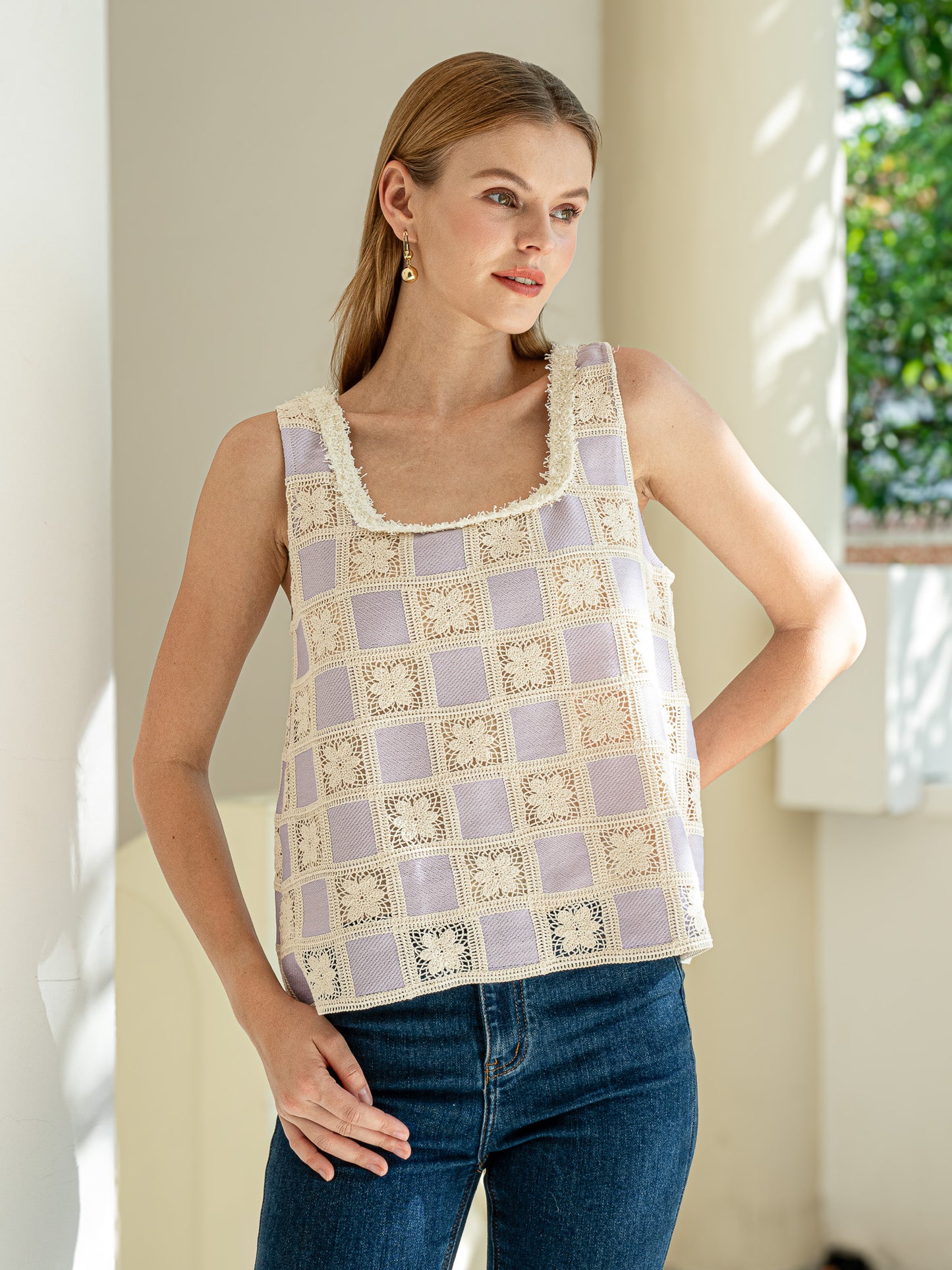 Lavender Lace Patchwork Sleeveless Top (3S-2M-1L)