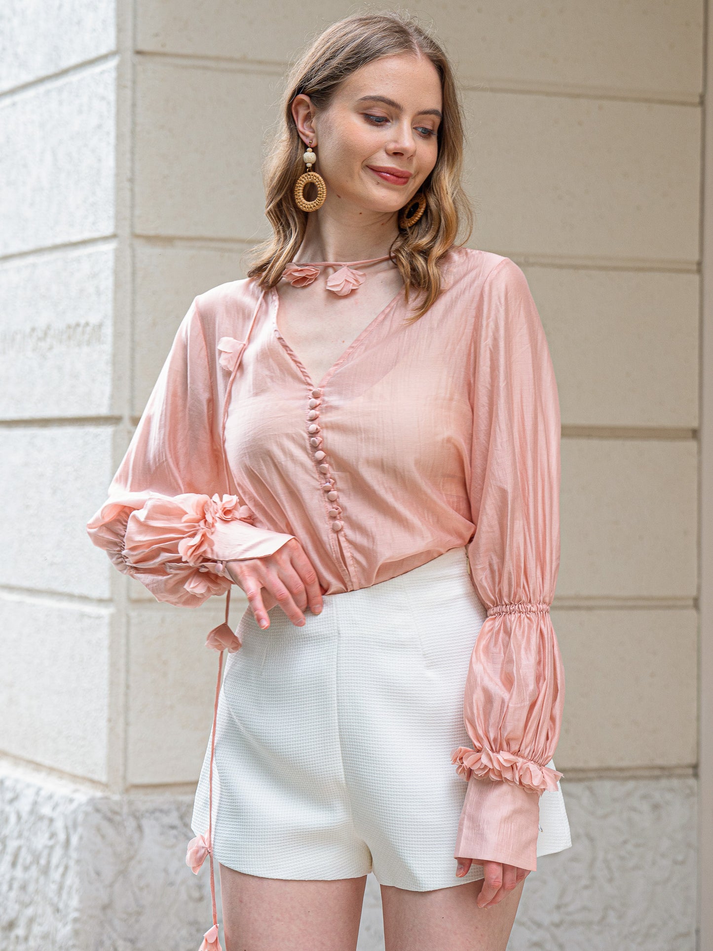 Peach Blossom Sheer Blouson Sleeve Drawstring Top (2S-2M-2L)