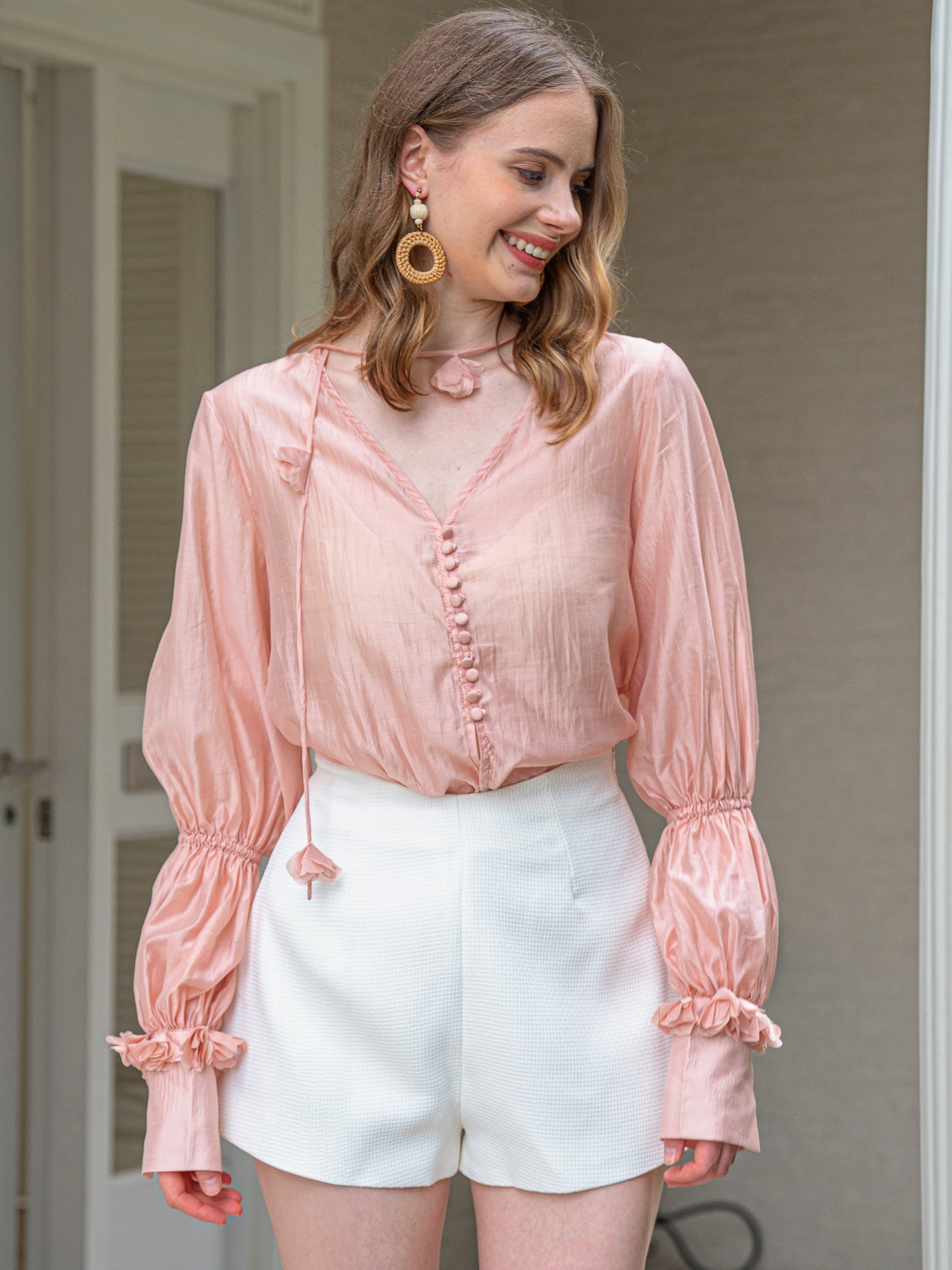 Peach Blossom Sheer Blouson Sleeve Drawstring Top (2S-2M-2L)